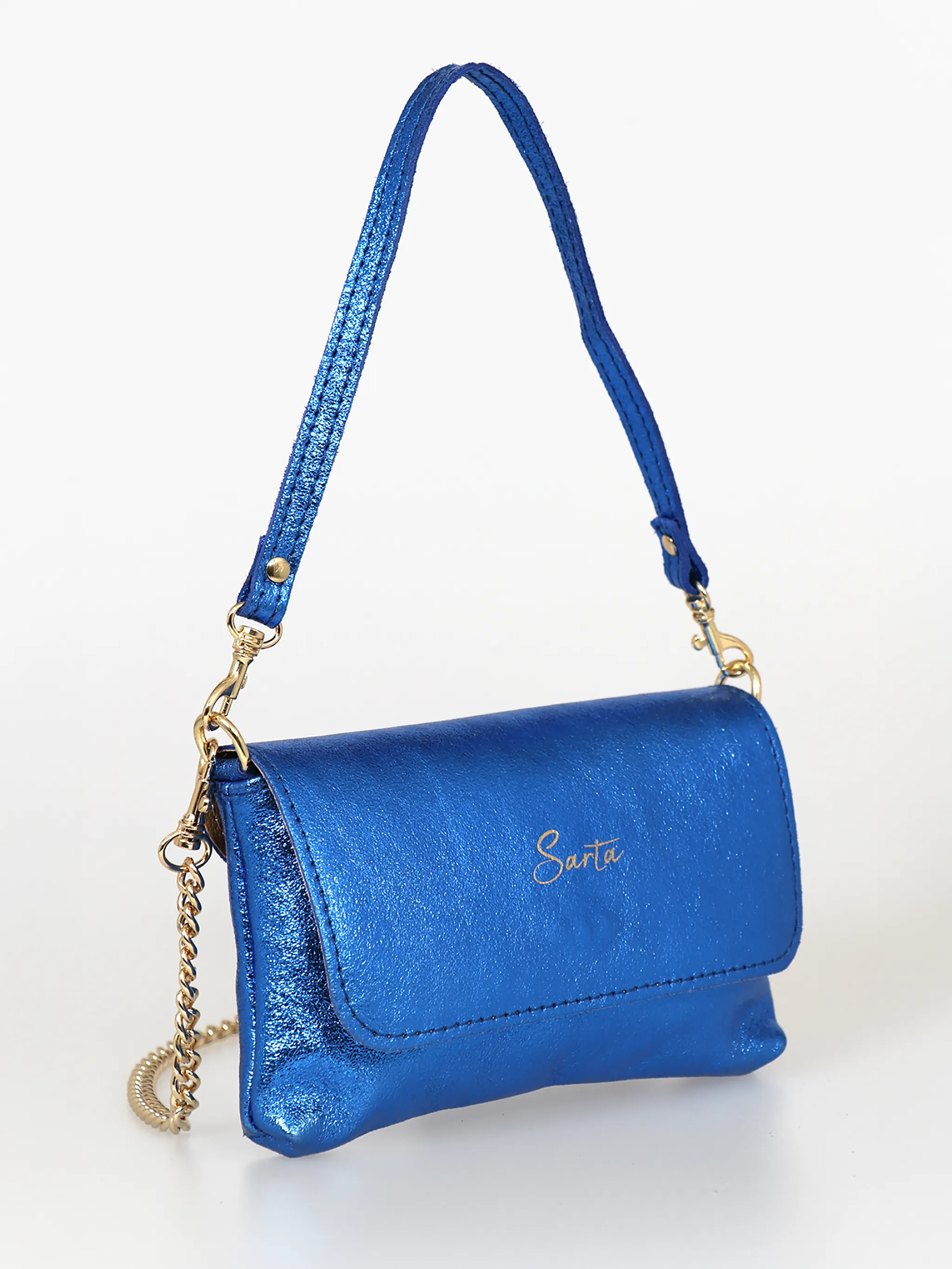 Olga - Italian Leather Mini Crossbody Bag - Blue, Metallic