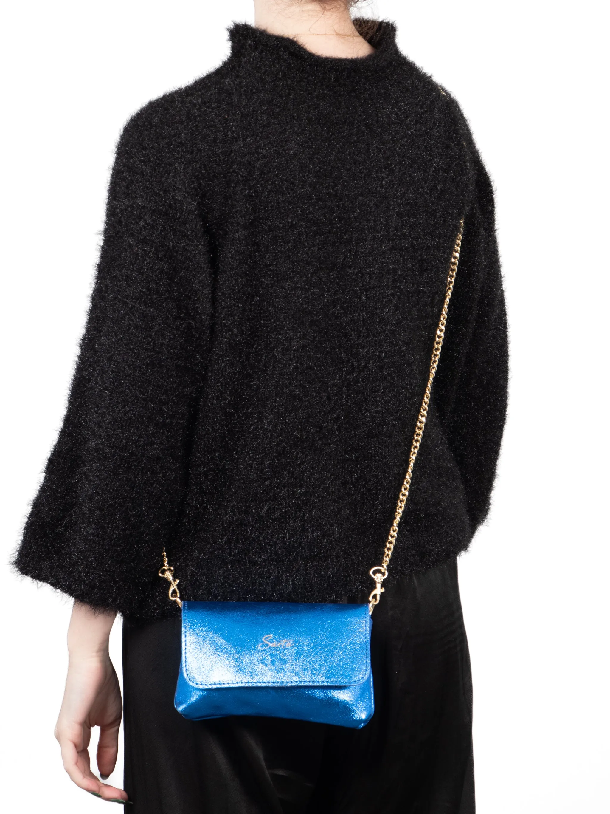 Olga - Italian Leather Mini Crossbody Bag - Blue, Metallic