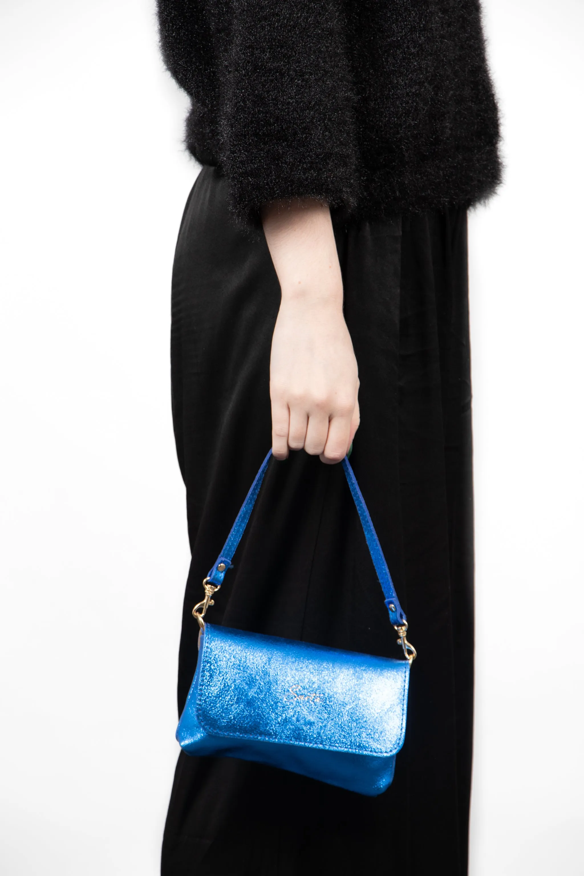 Olga - Italian Leather Mini Crossbody Bag - Blue, Metallic