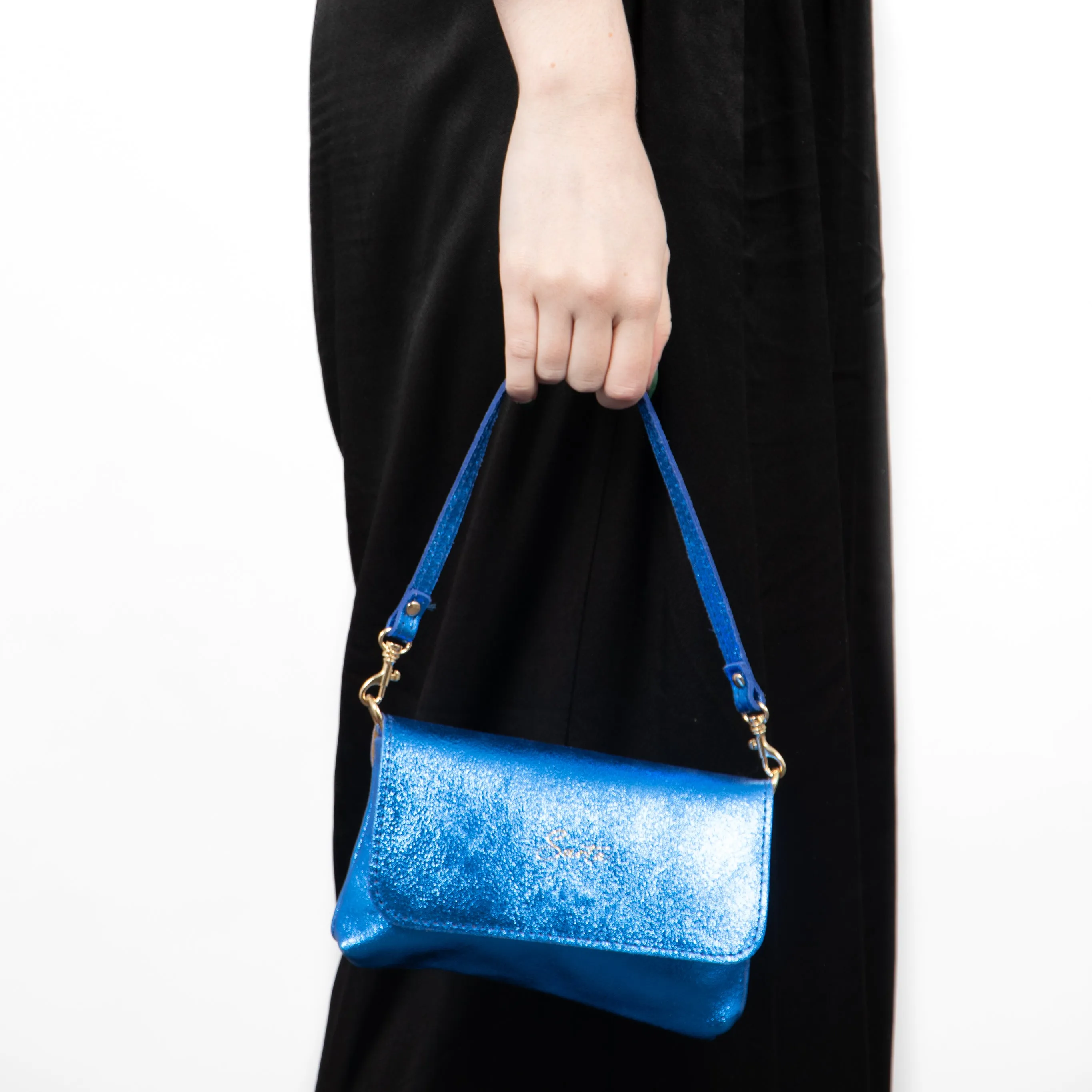 Olga - Italian Leather Mini Crossbody Bag - Blue, Metallic