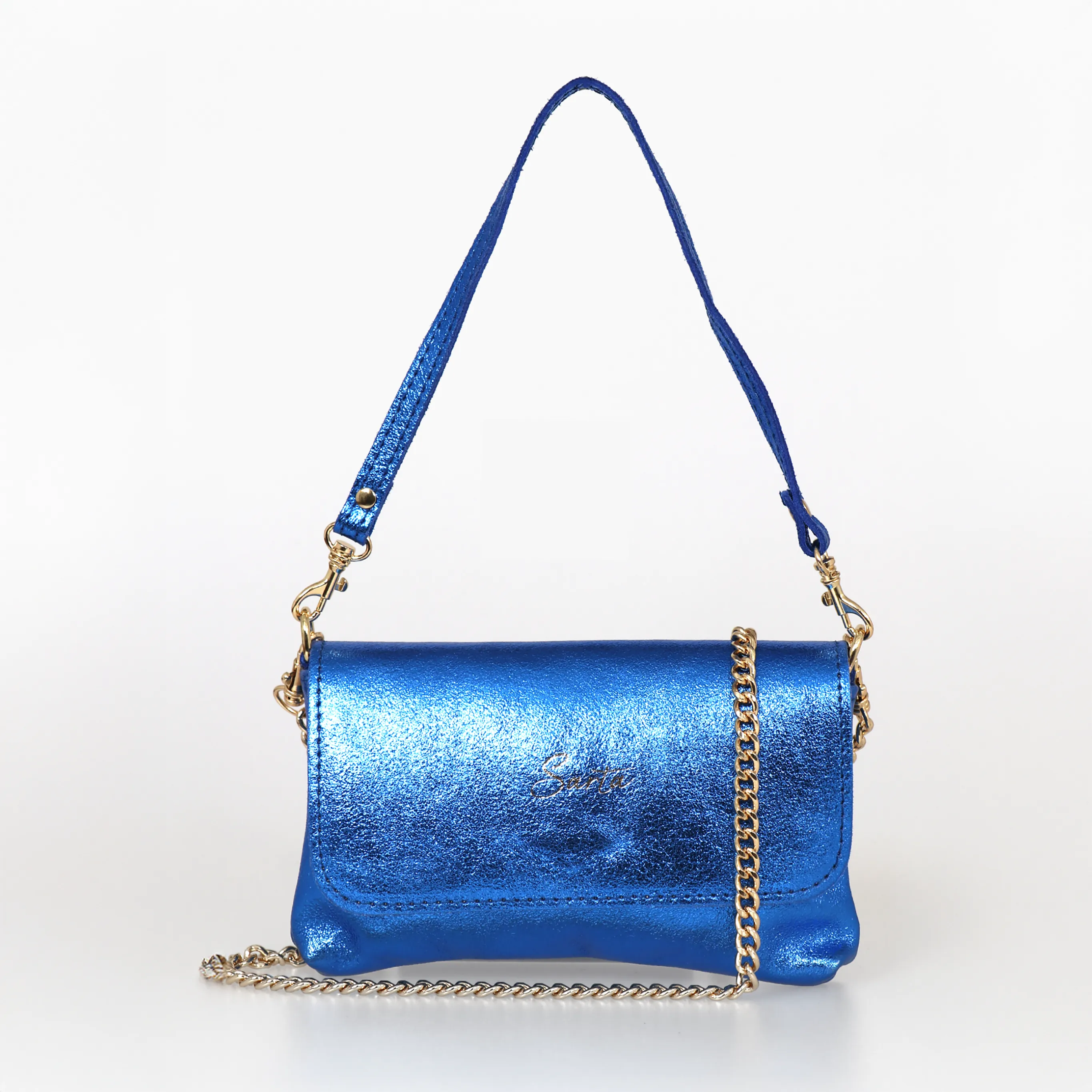 Olga - Italian Leather Mini Crossbody Bag - Blue, Metallic