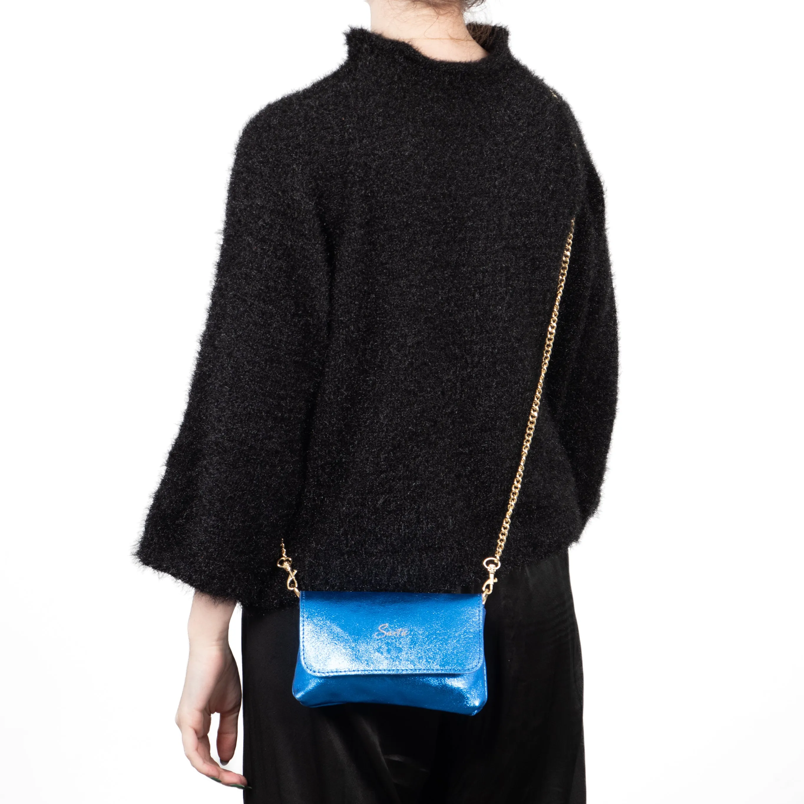 Olga - Italian Leather Mini Crossbody Bag - Blue, Metallic