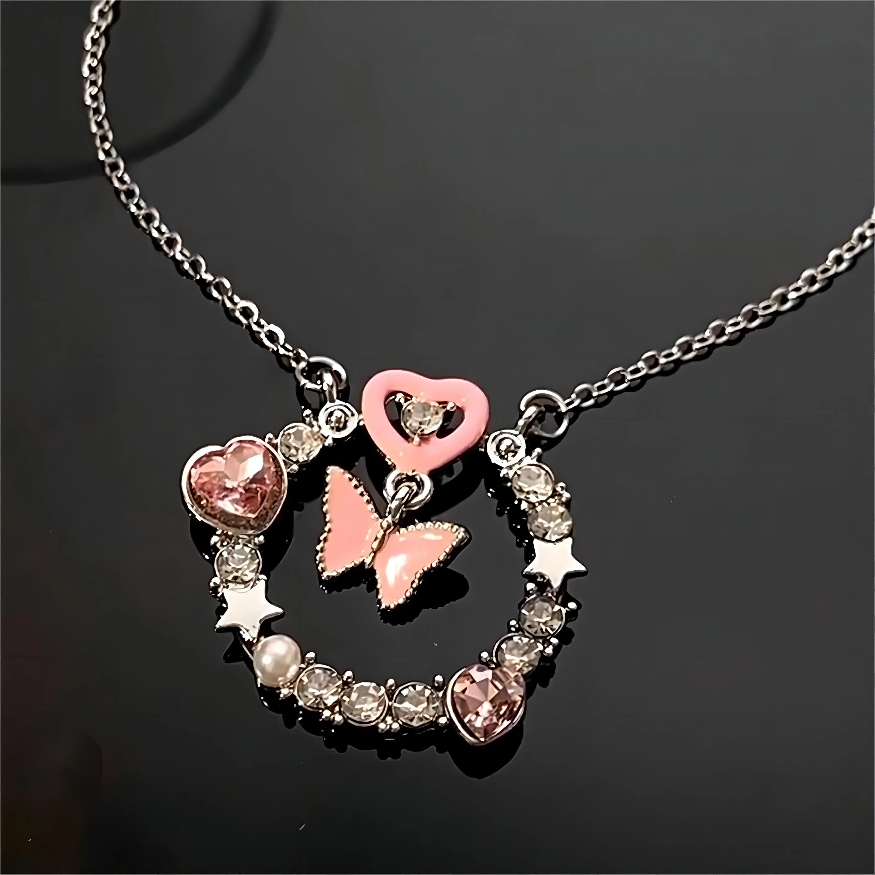Pink Butterfly Heart Ring Necklace