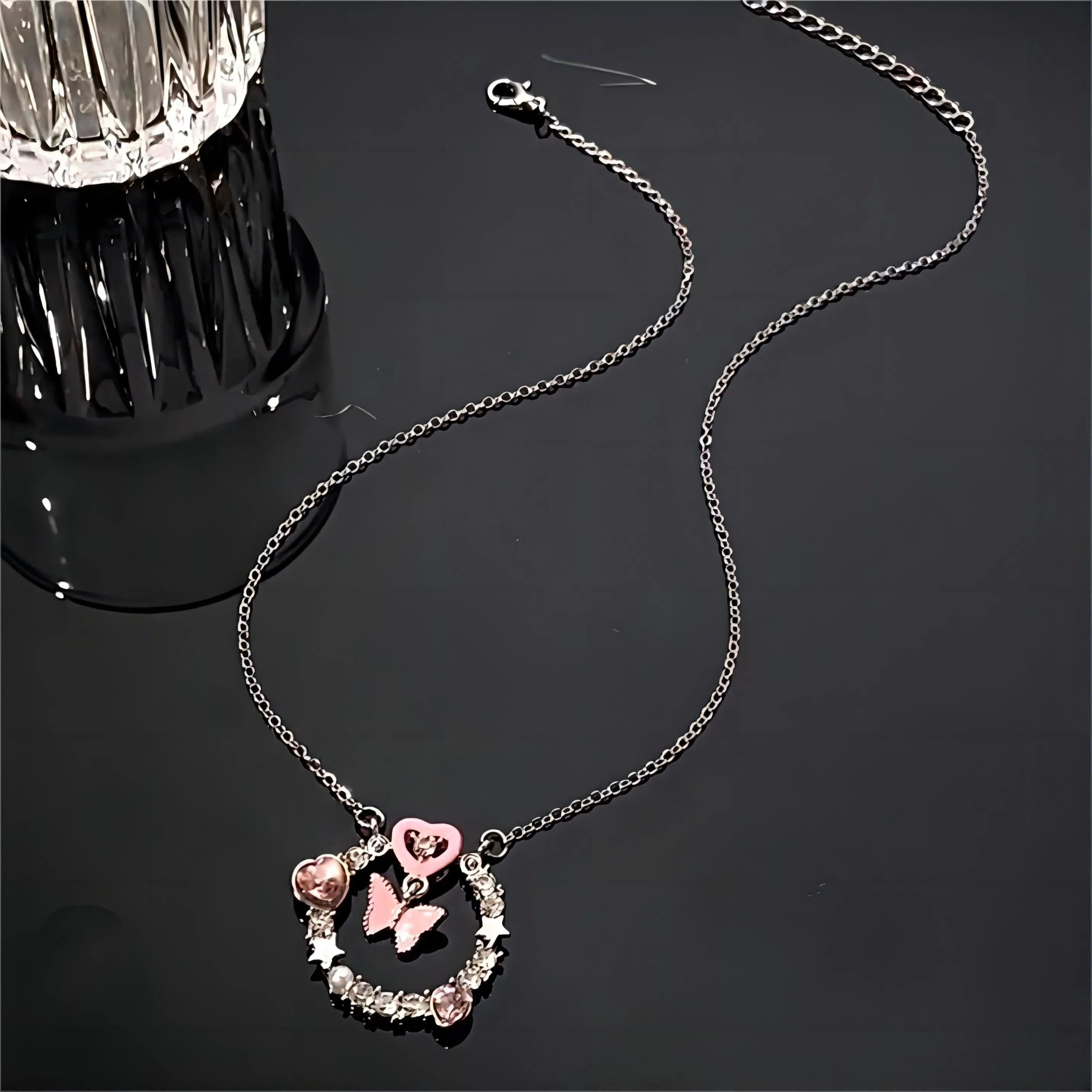 Pink Butterfly Heart Ring Necklace