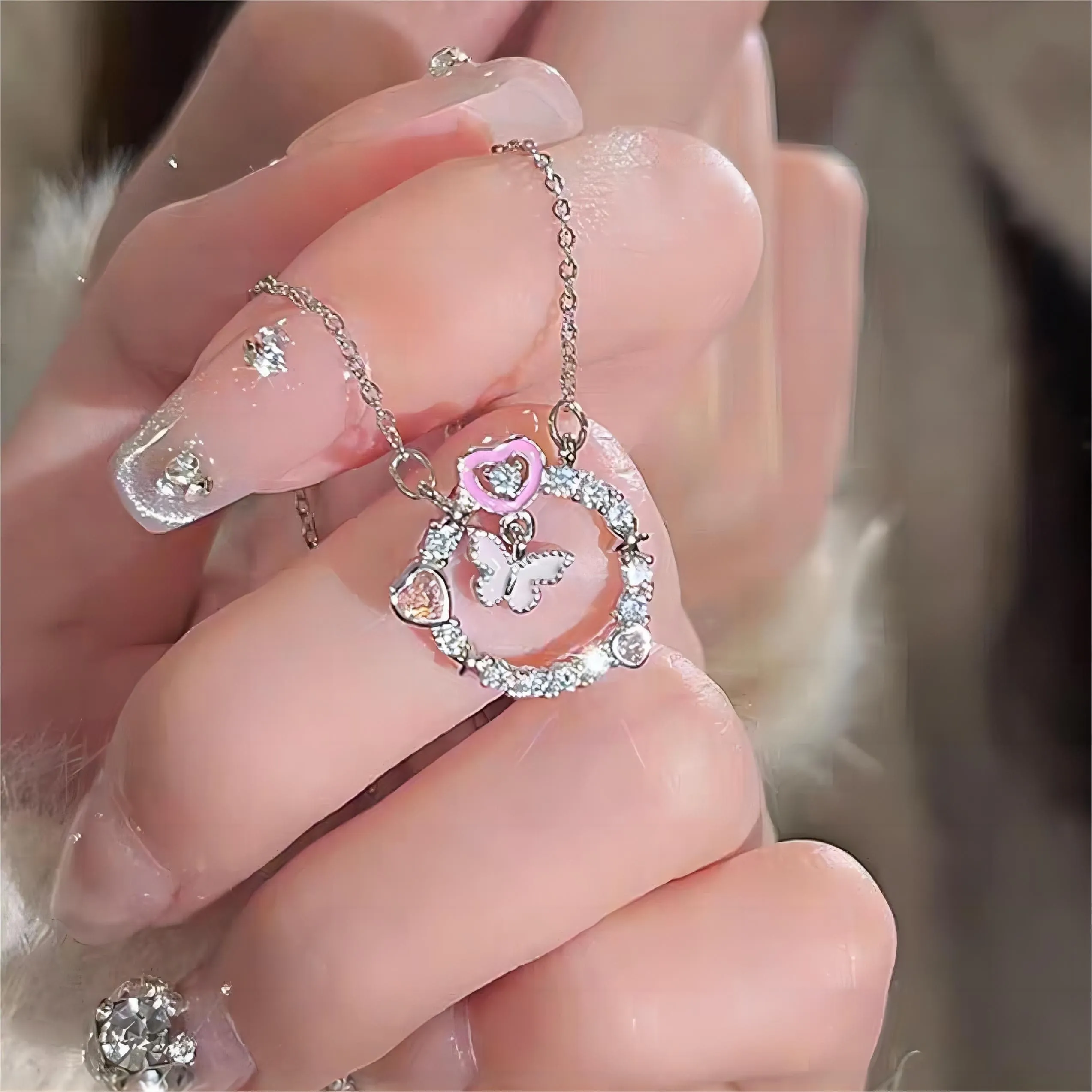 Pink Butterfly Heart Ring Necklace