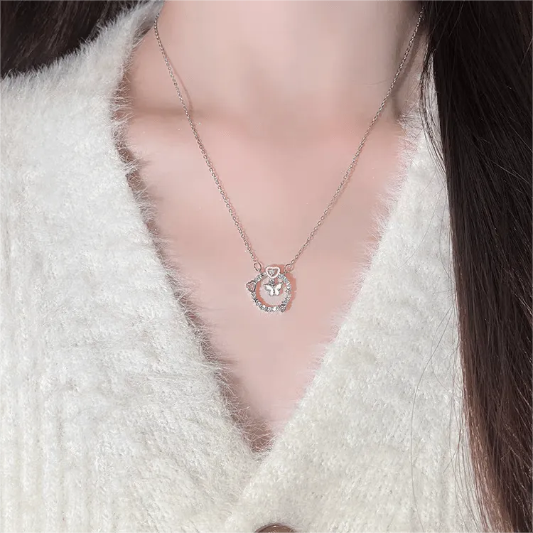 Pink Butterfly Heart Ring Necklace
