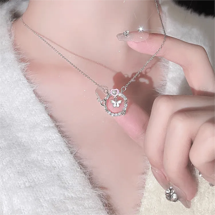 Pink Butterfly Heart Ring Necklace