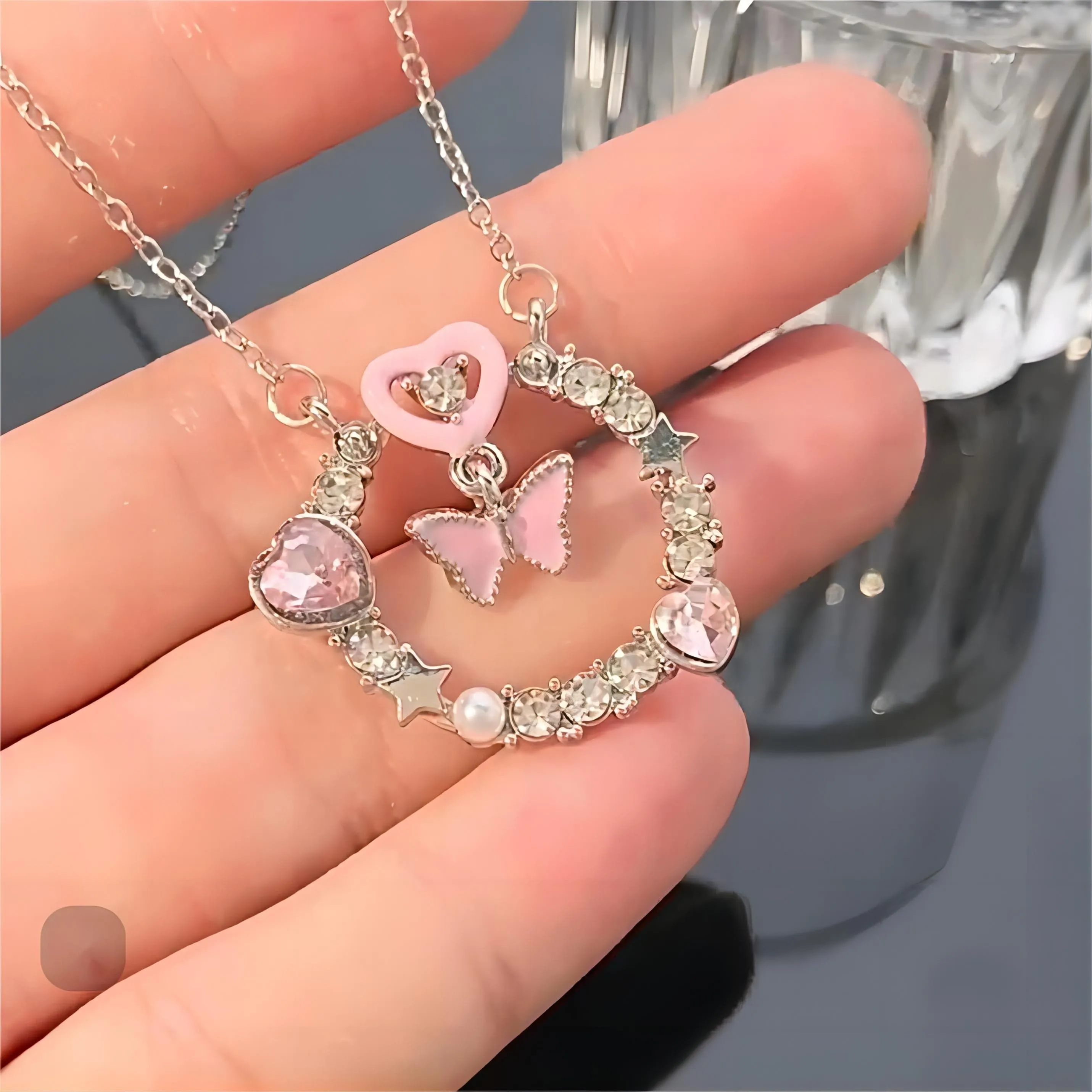 Pink Butterfly Heart Ring Necklace