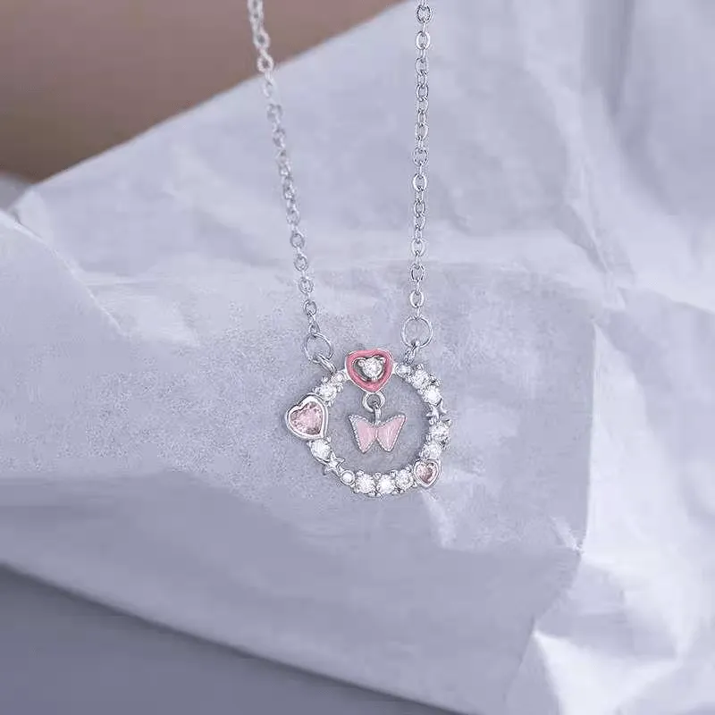Pink Butterfly Heart Ring Necklace