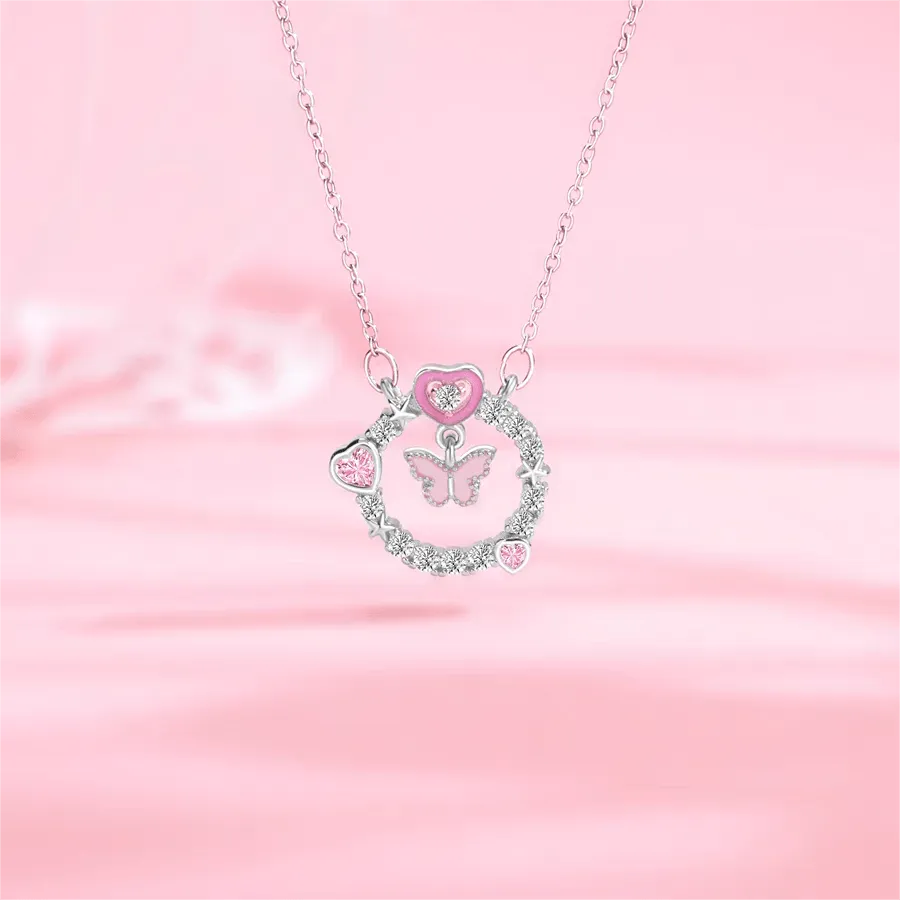 Pink Butterfly Heart Ring Necklace