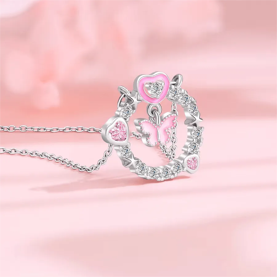 Pink Butterfly Heart Ring Necklace