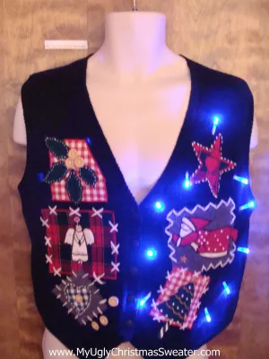 Plaid 80s Themed Cute Christmas Sweater Vest with Lights