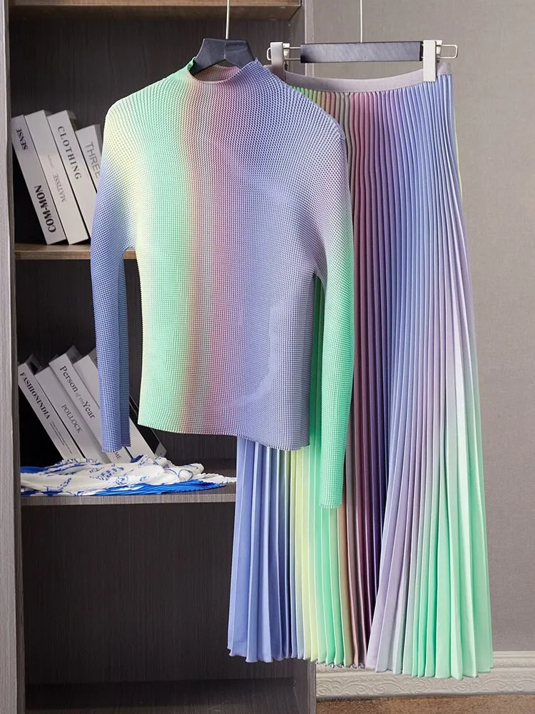 Pleated Casual Pleated Gradual Women Top Elegant A-line Skirt Loose Long Sleeve Lady Cloth Spring Summer