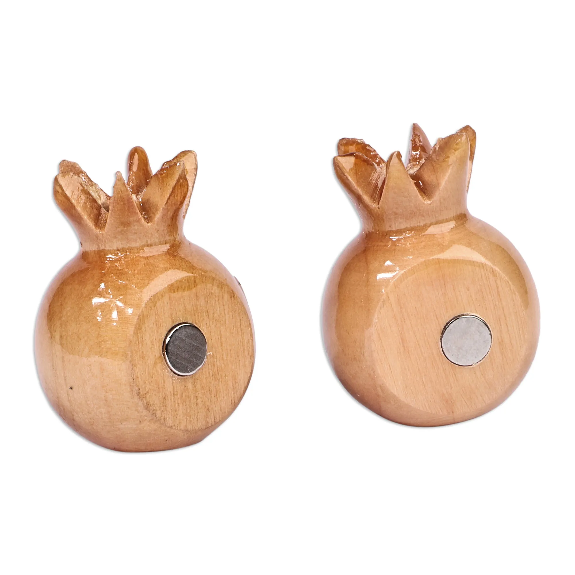 Pomegranate-Shaped Natural Lindon Tree Wood Magnets (Pair) - Tiny Glory | NOVICA