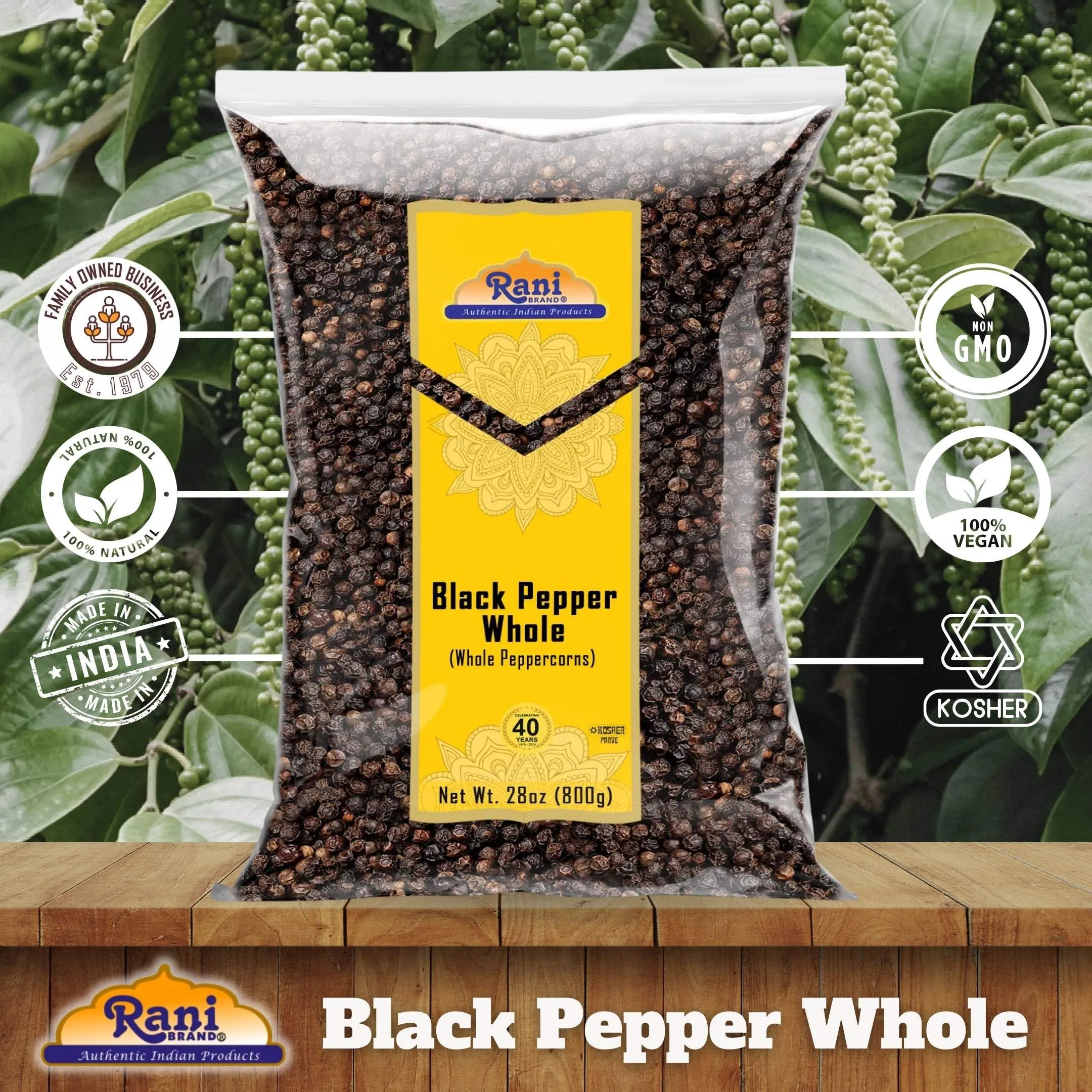 Rani Black Pepper Whole (Peppercorns), Premium MG-1 Grade 28oz (1.75lbs) 800g ~ All Natural | Gluten Friendly | Non-GMO | Kosher | Perfect Size for Grinders!