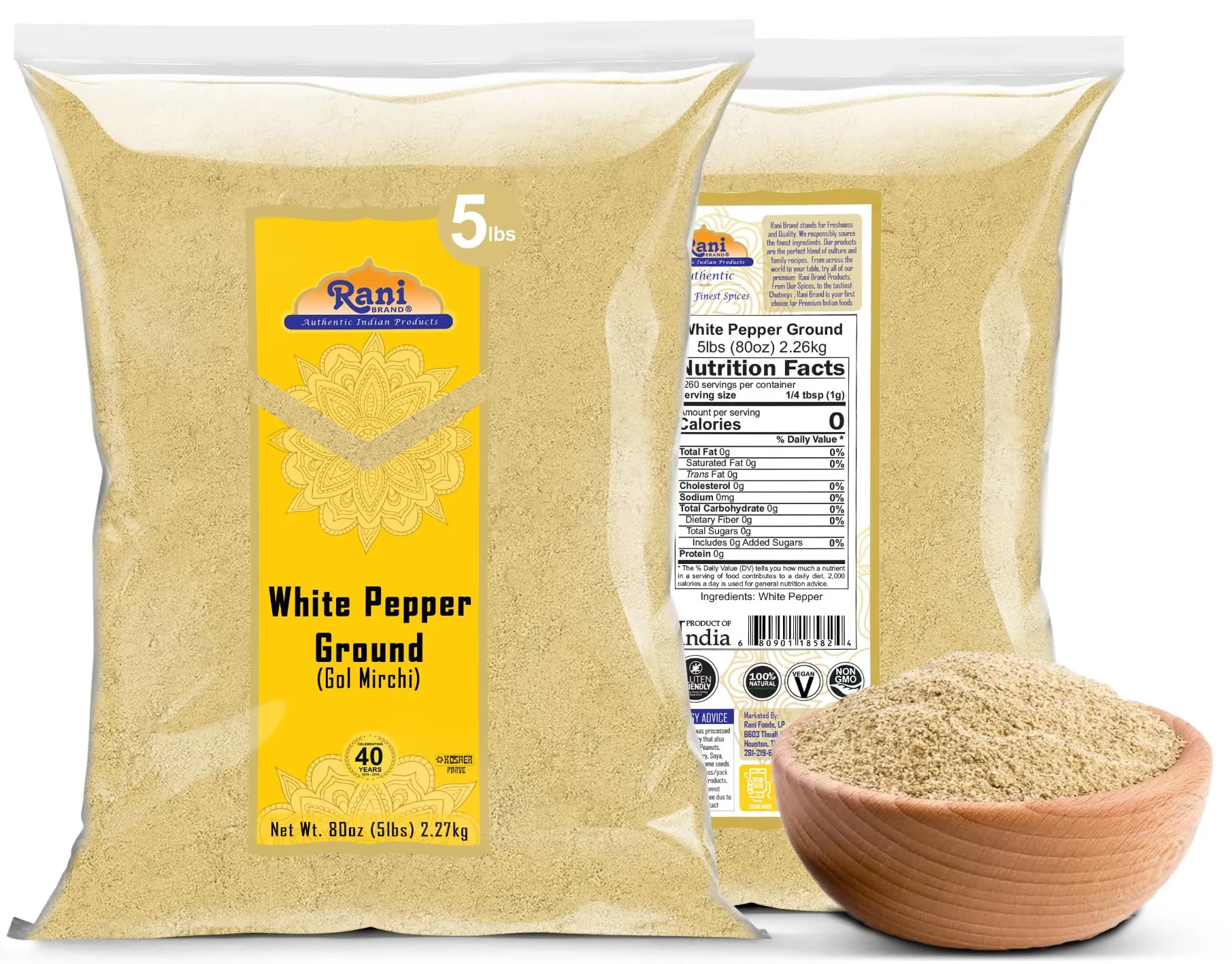 Rani White Pepper (Gol Mirch), Ground Spice 80oz (5lbs) 2.27kg Bulk ~ All Natural | Vegan | Gluten Friendly | NON-GMO | Kosher | Indian Origin