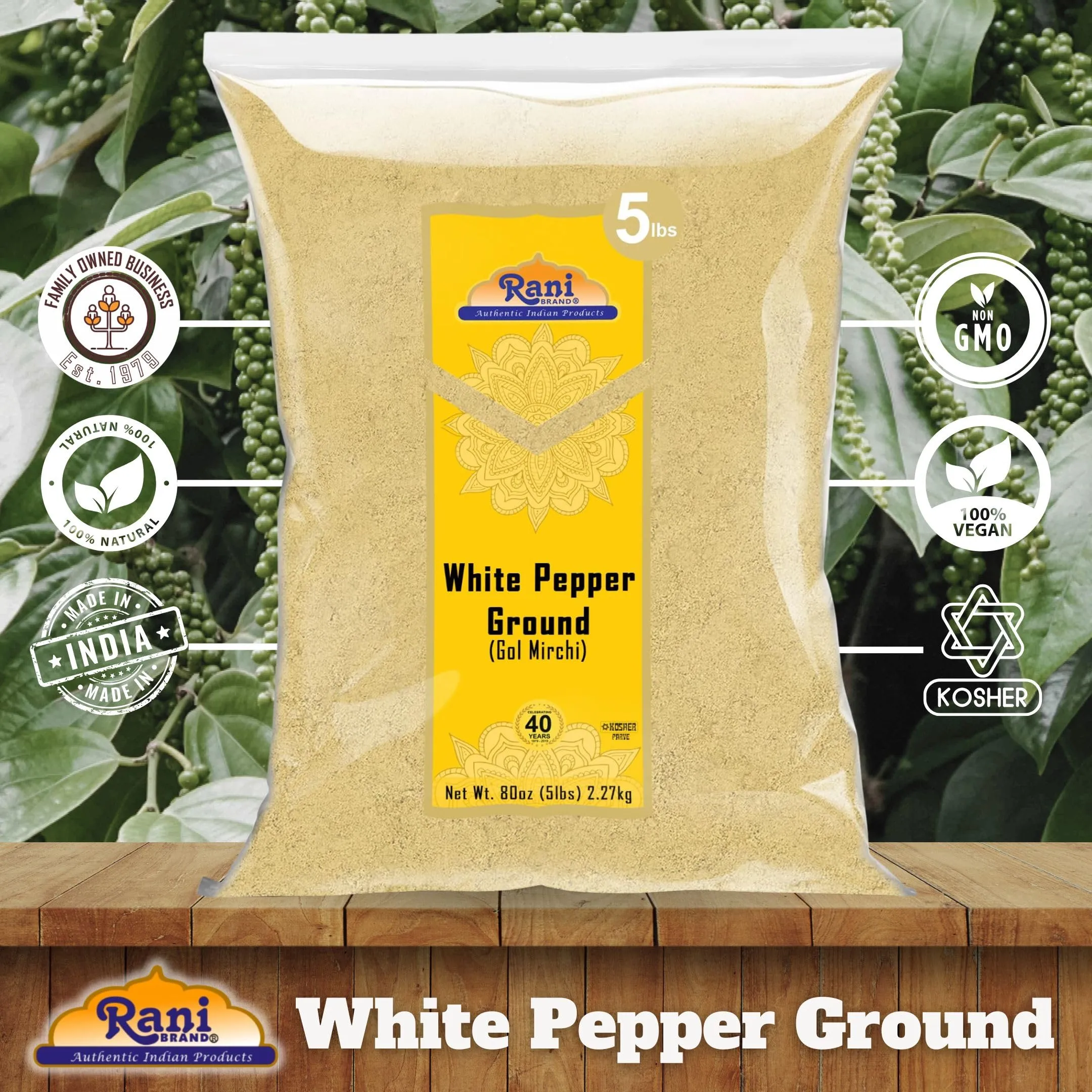 Rani White Pepper (Gol Mirch), Ground Spice 80oz (5lbs) 2.27kg Bulk ~ All Natural | Vegan | Gluten Friendly | NON-GMO | Kosher | Indian Origin