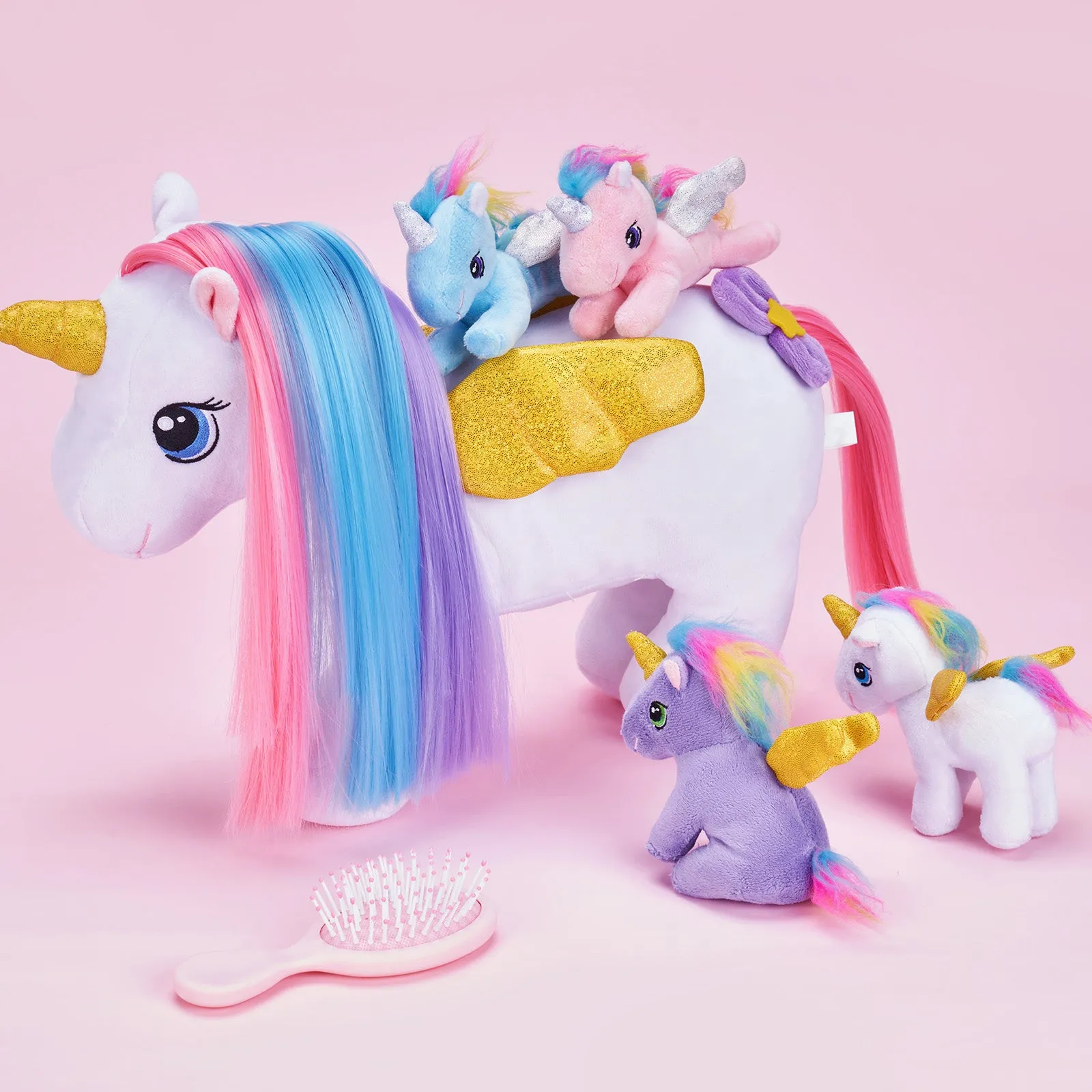 Rapunzelcorn Rainbow Hair Unicorn Mommy Stuffed Animal with 4 Babies Unicorn Inside