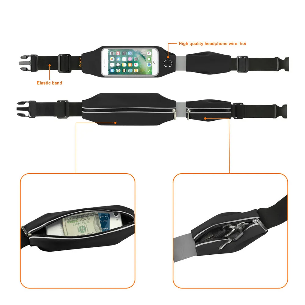 Reiko REIKO RUNNING SPORT BELT FOR IPHONE 7 PLUS/ 6S PLUS OR 5.5 INCHES DEVICE WITH TWO POCKETS IN BLACK (5.5x5.5 INCHES)