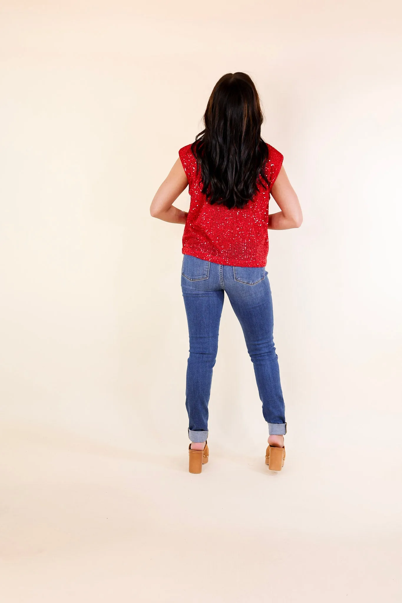 Sequin Sleek Red Sleeveless Top