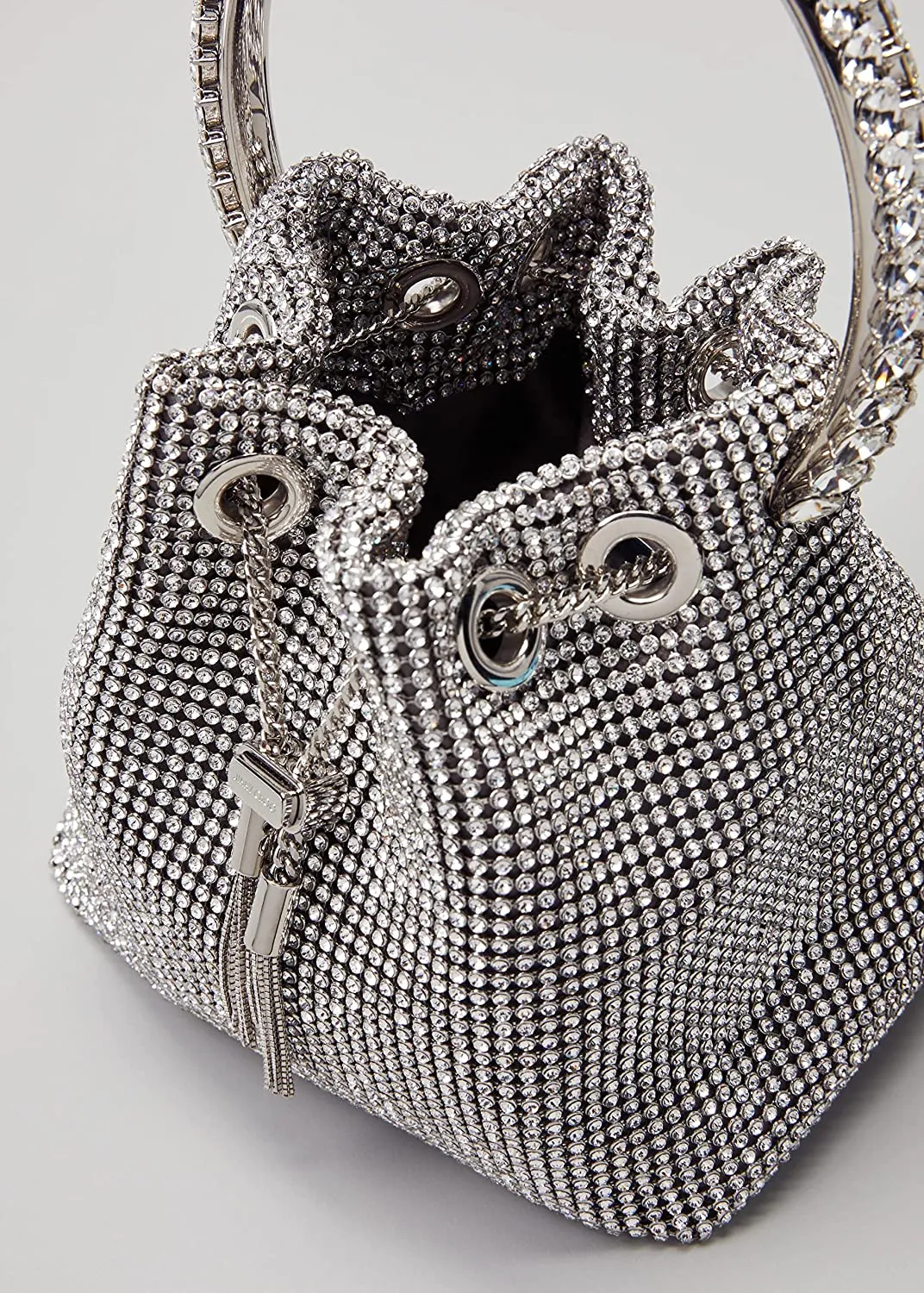 Silver Rhinestone Sparkly Bucket Drawstring Purse