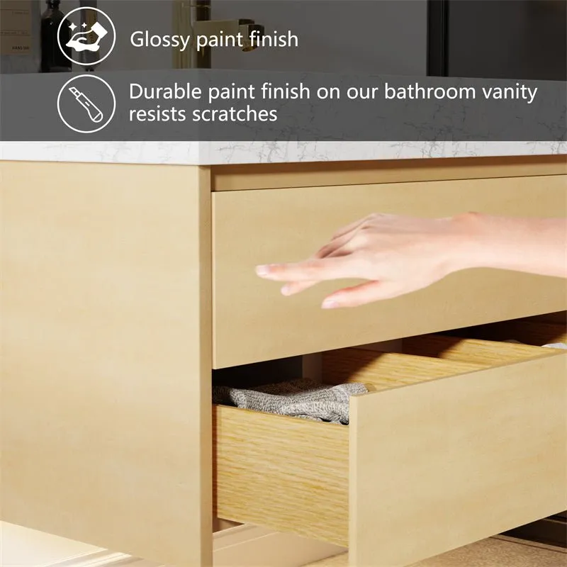 Sleek 48" Modern Floating Maple wood Bathroom Vanity Cabinet with with Lights and Stone Slab Countertop, Dual Sinks