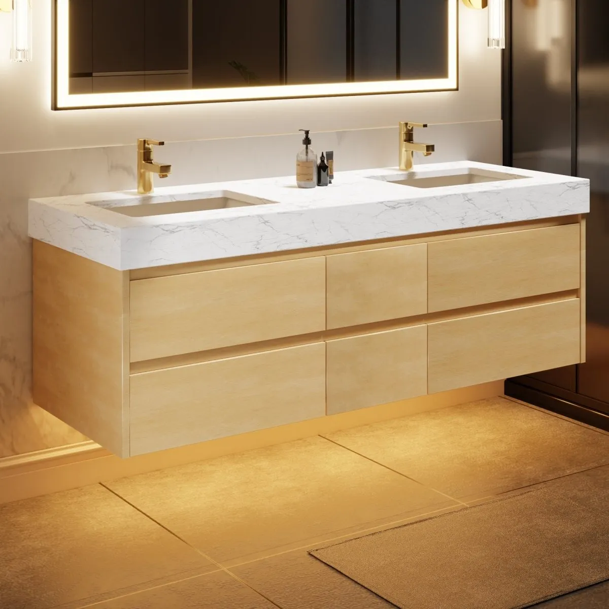 Sleek 60" Modern Floating Maple wood Bathroom Vanity Cabinet with with Lights and Stone Slab Countertop