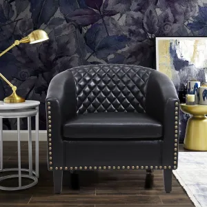 Sleek Black Leather Barrel Accent Chair