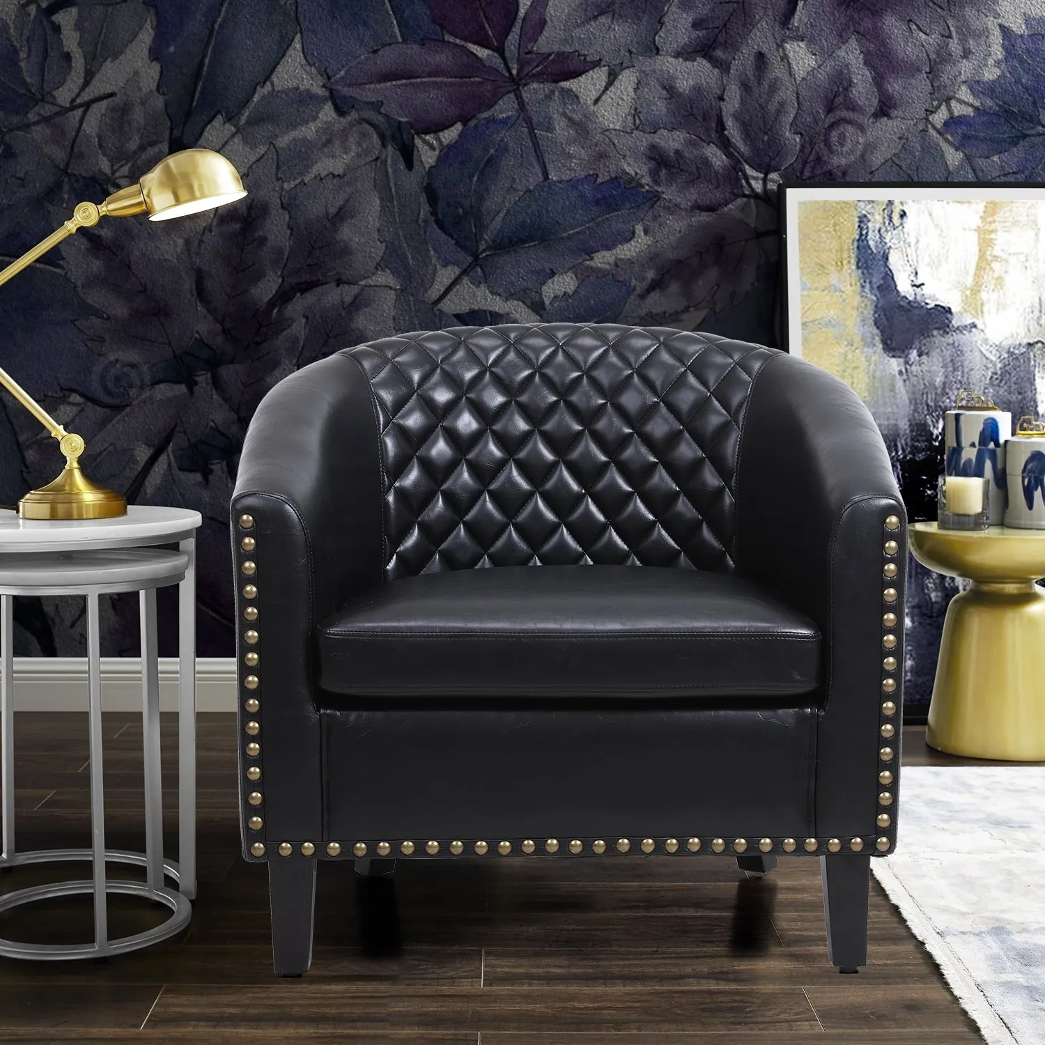 Sleek Black Leather Barrel Accent Chair
