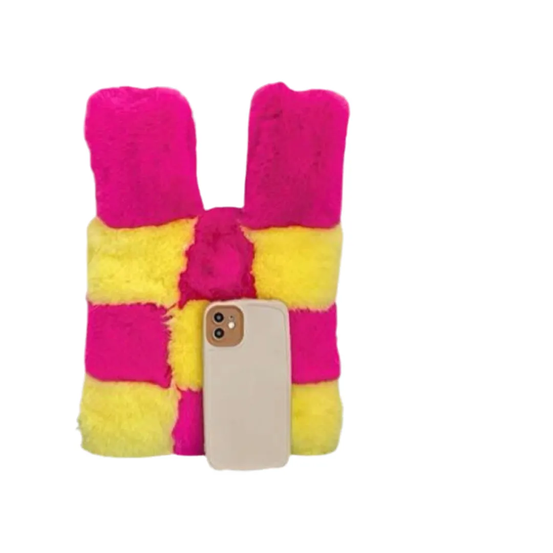 Small Faux Fur Wristlet Tote Handbag - Chequered Hot Pink & Yellow