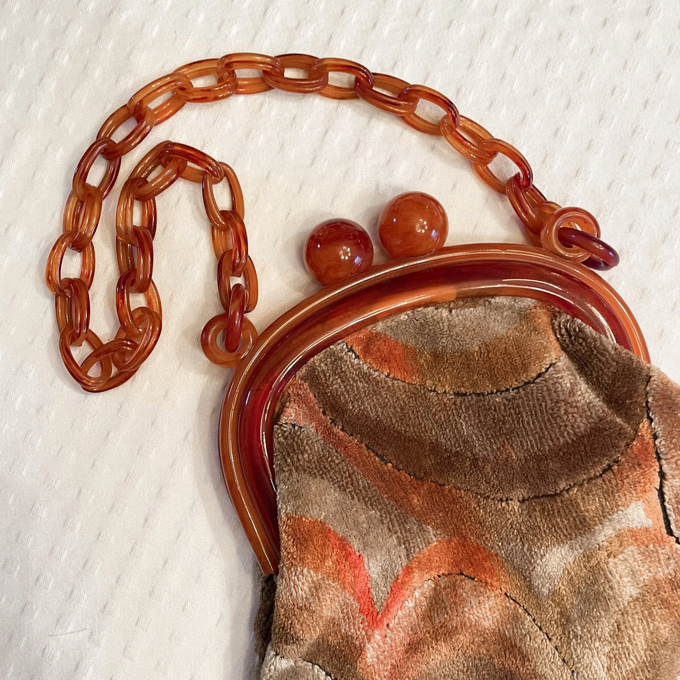 SOLD Vintage Art Deco Style Bakelite/Lucite Tapestry Chenille Bag