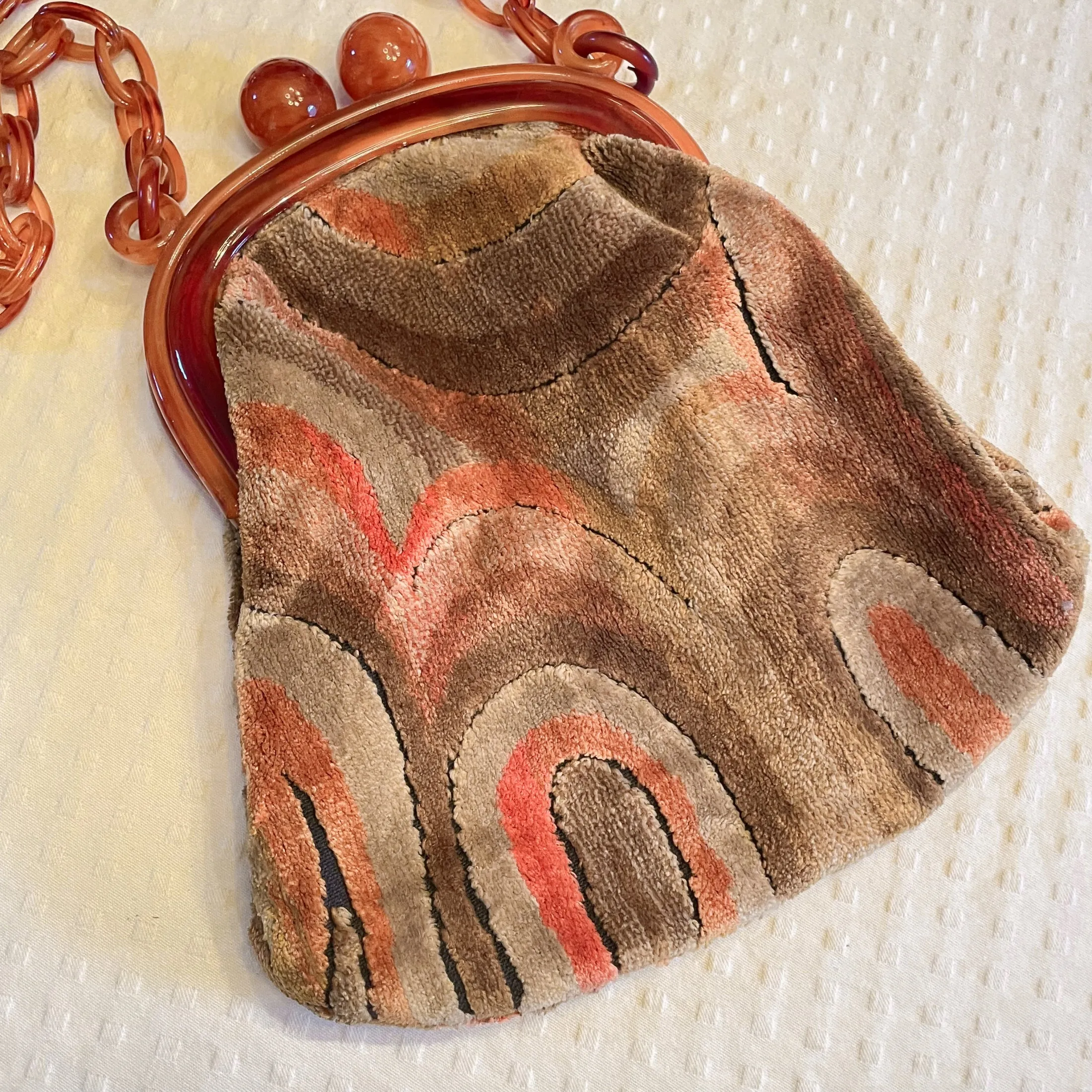 SOLD Vintage Art Deco Style Bakelite/Lucite Tapestry Chenille Bag