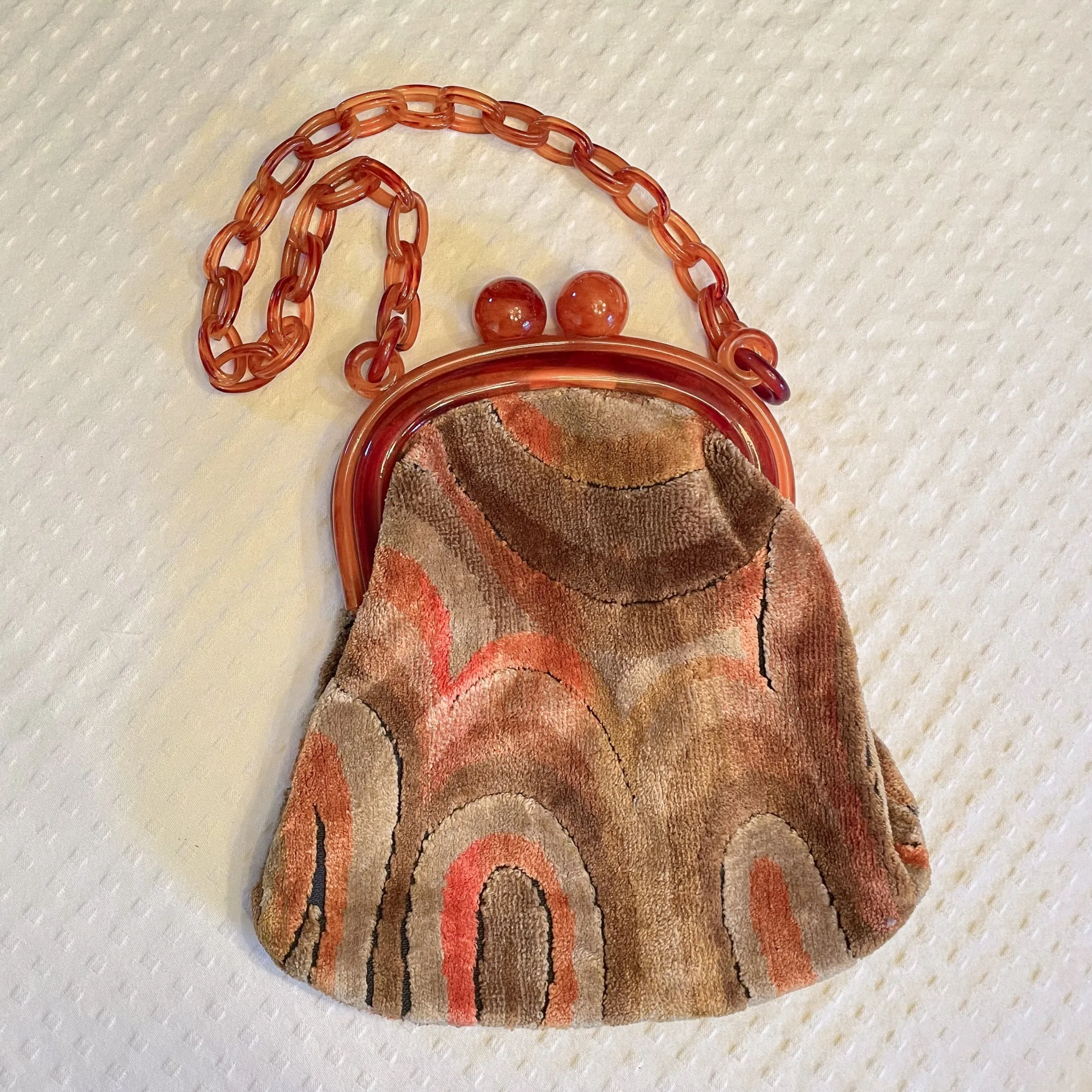 SOLD Vintage Art Deco Style Bakelite/Lucite Tapestry Chenille Bag