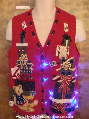 Stacked Gifts and Teddy Bear Cute Christmas Sweater Vest with Lights