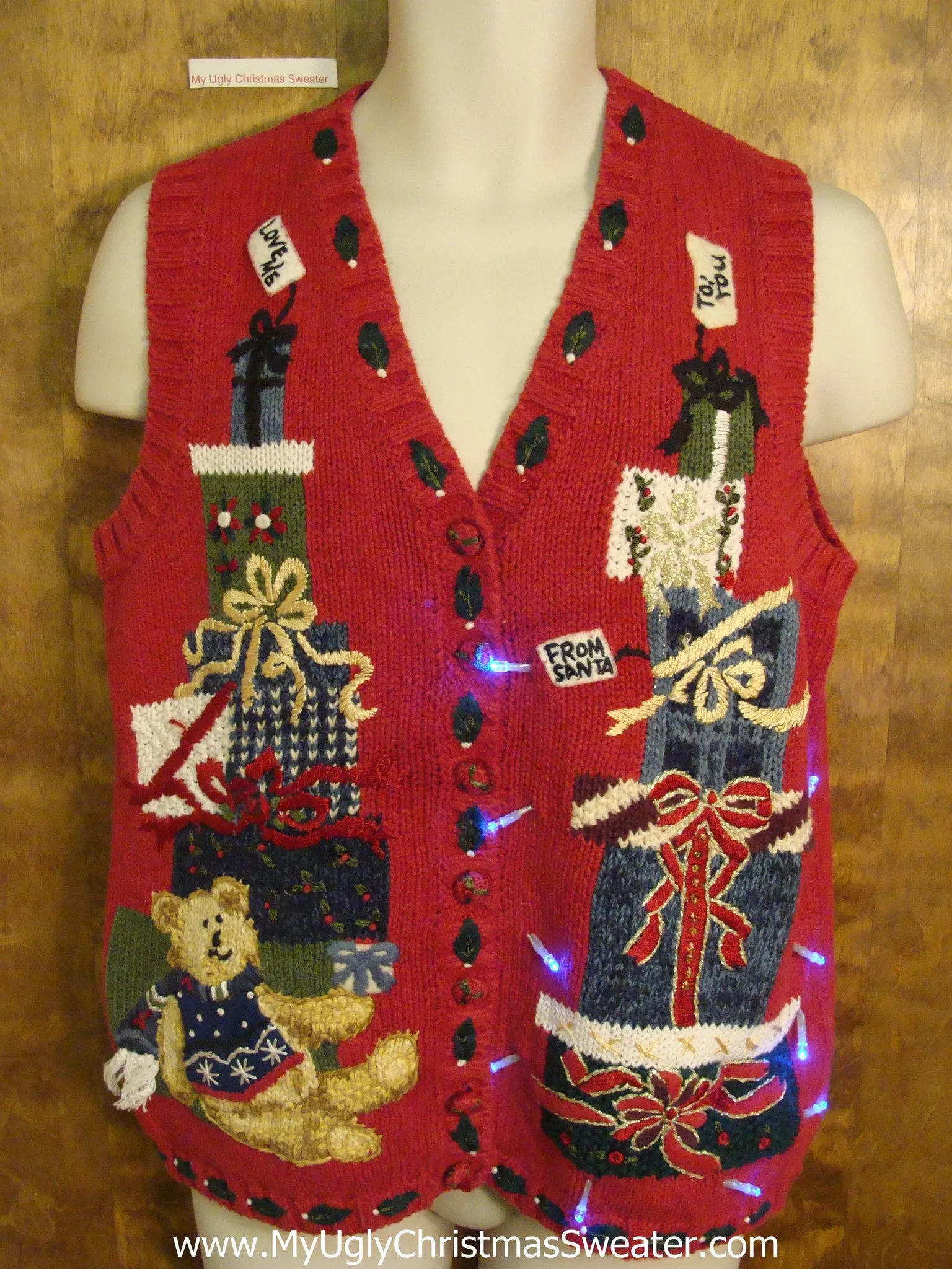 Stacked Gifts and Teddy Bear Cute Christmas Sweater Vest with Lights