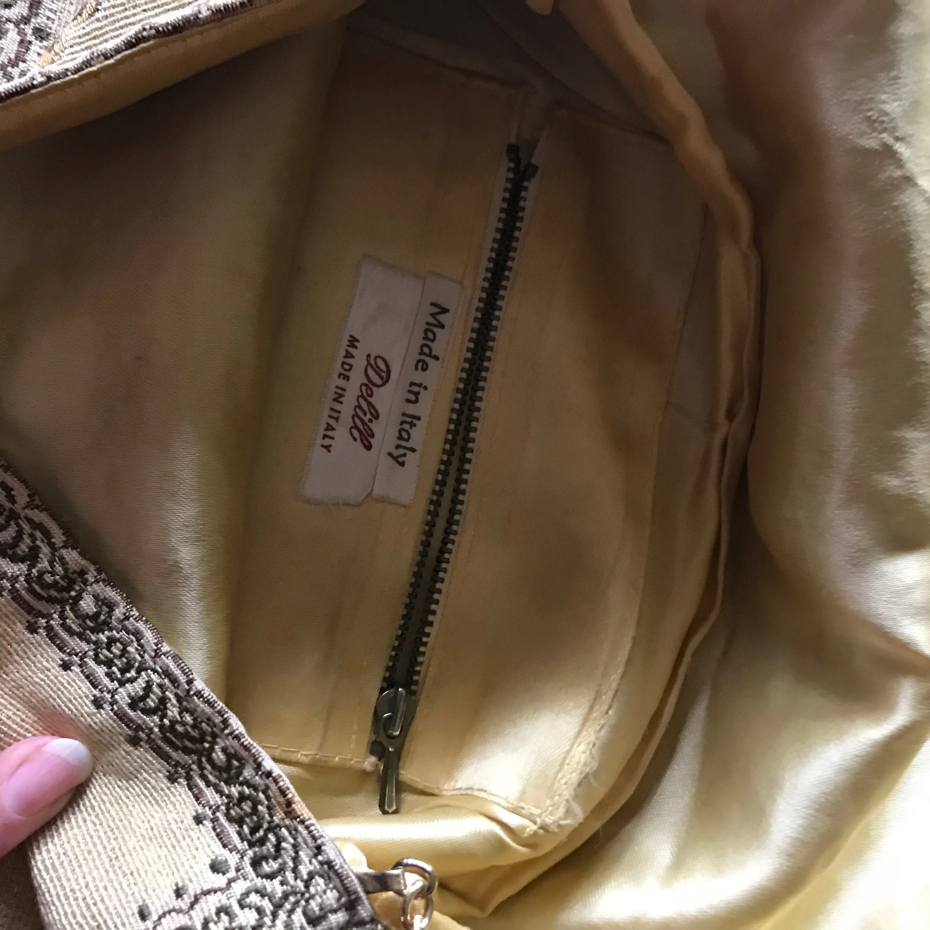 Tapestry Fabric Handbag with Metallic Threads, Gold Tone Clasp and Chain Strap circa 1970s