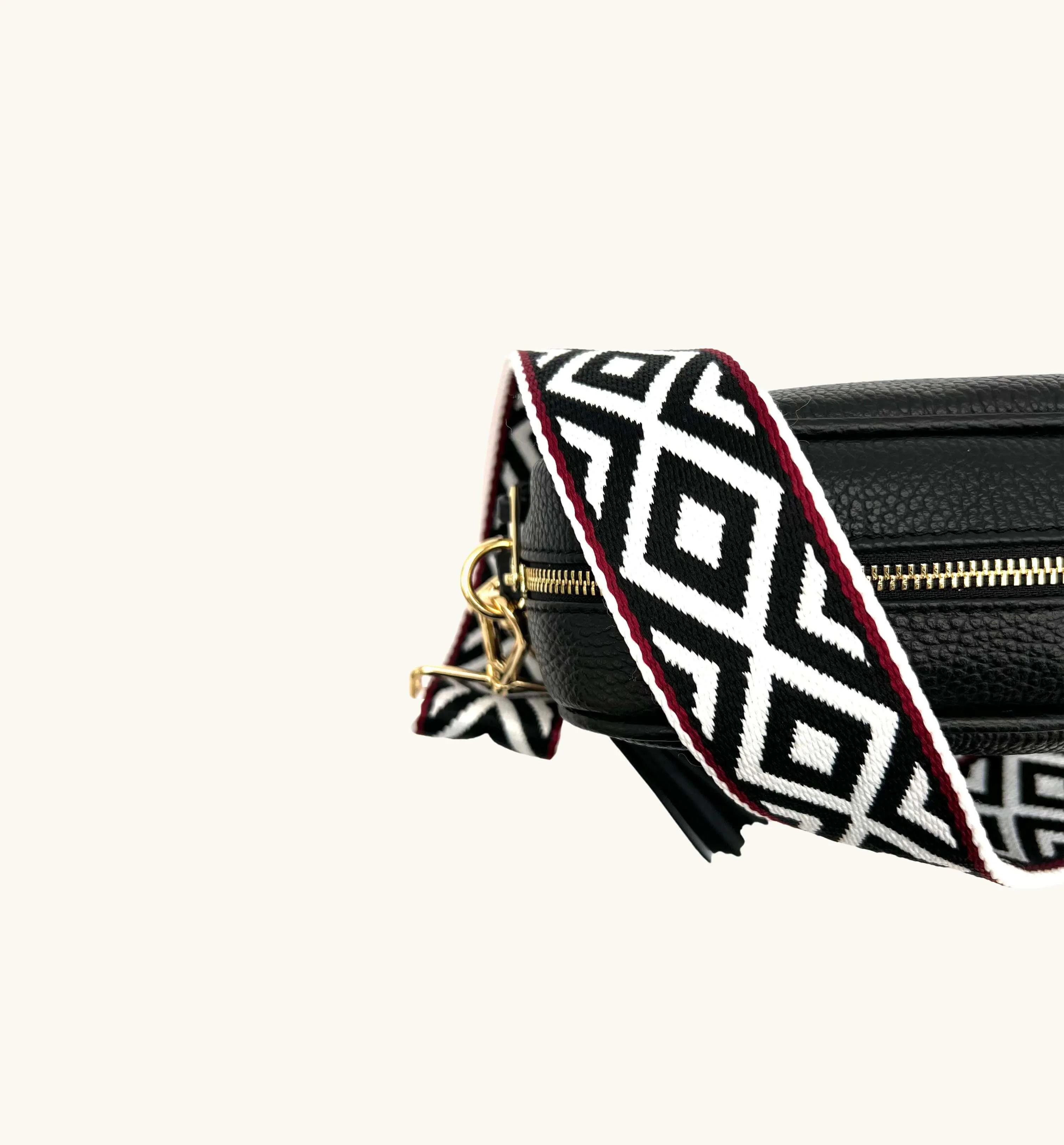 The Tassel Black Leather Crossbody Bag With Black & Red Aztec Strap