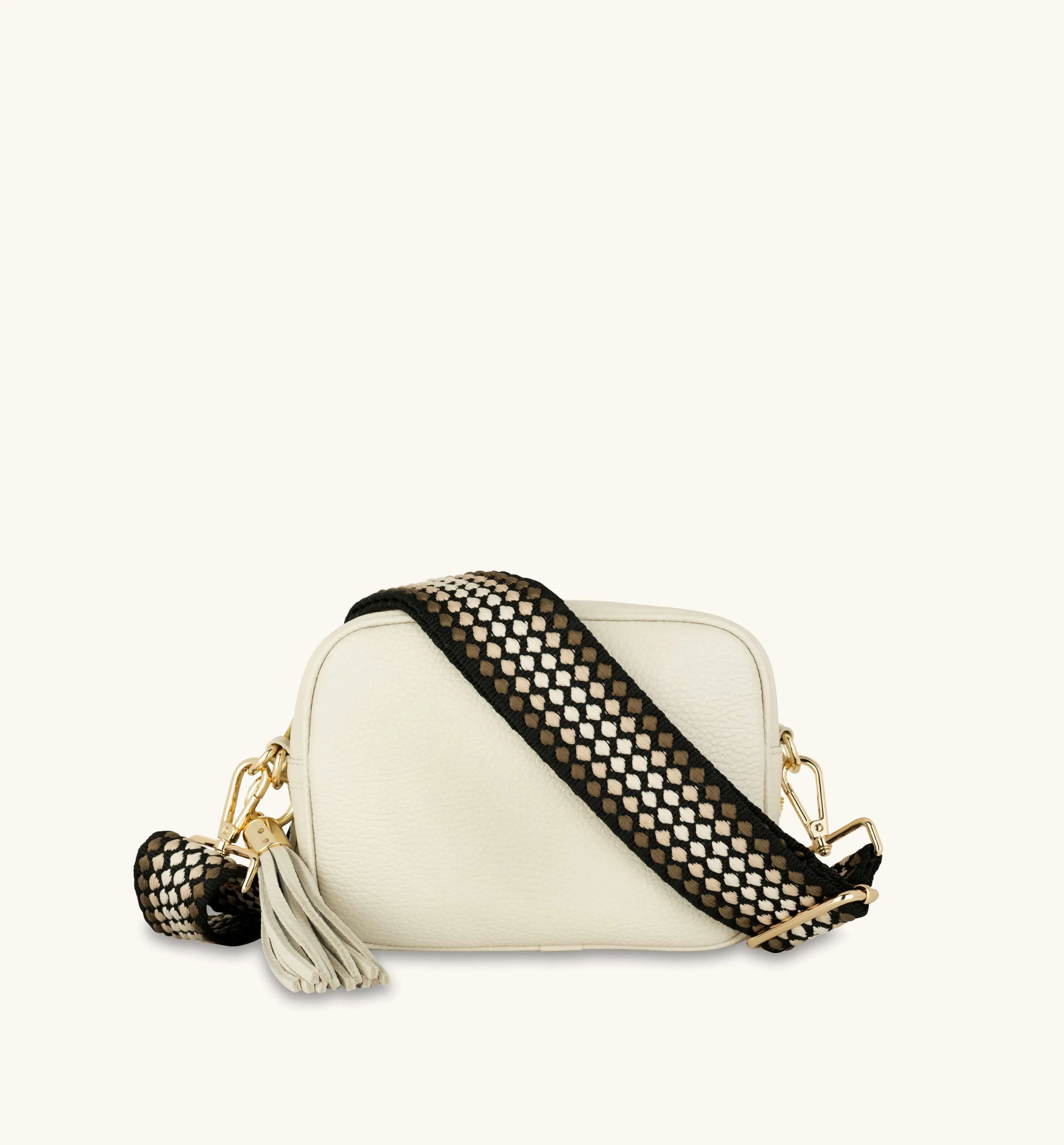 The Tassel Stone Leather Crossbody Bag With Cappuccino Dots Strap
