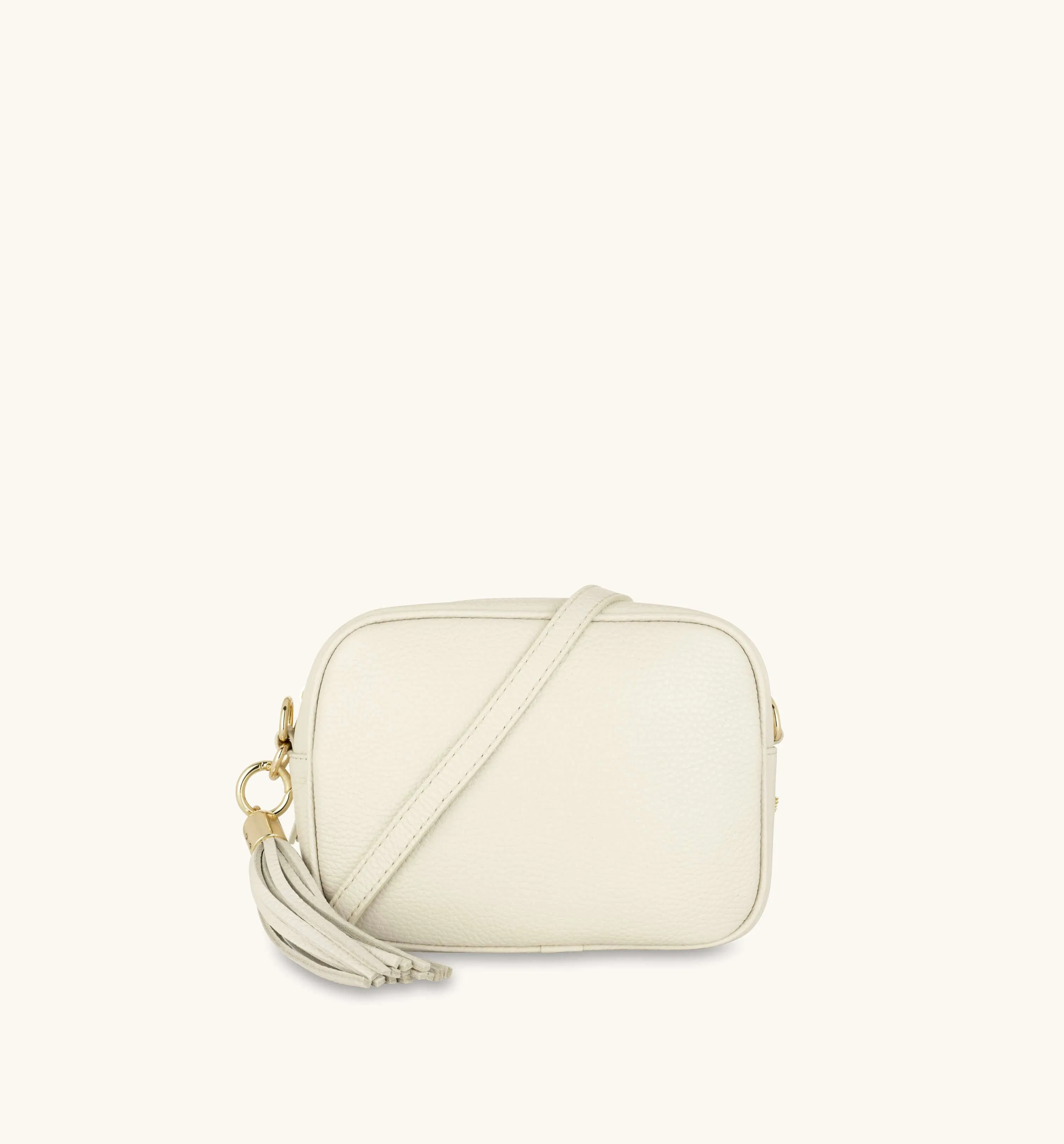 The Tassel Stone Leather Crossbody Bag With Cappuccino Dots Strap