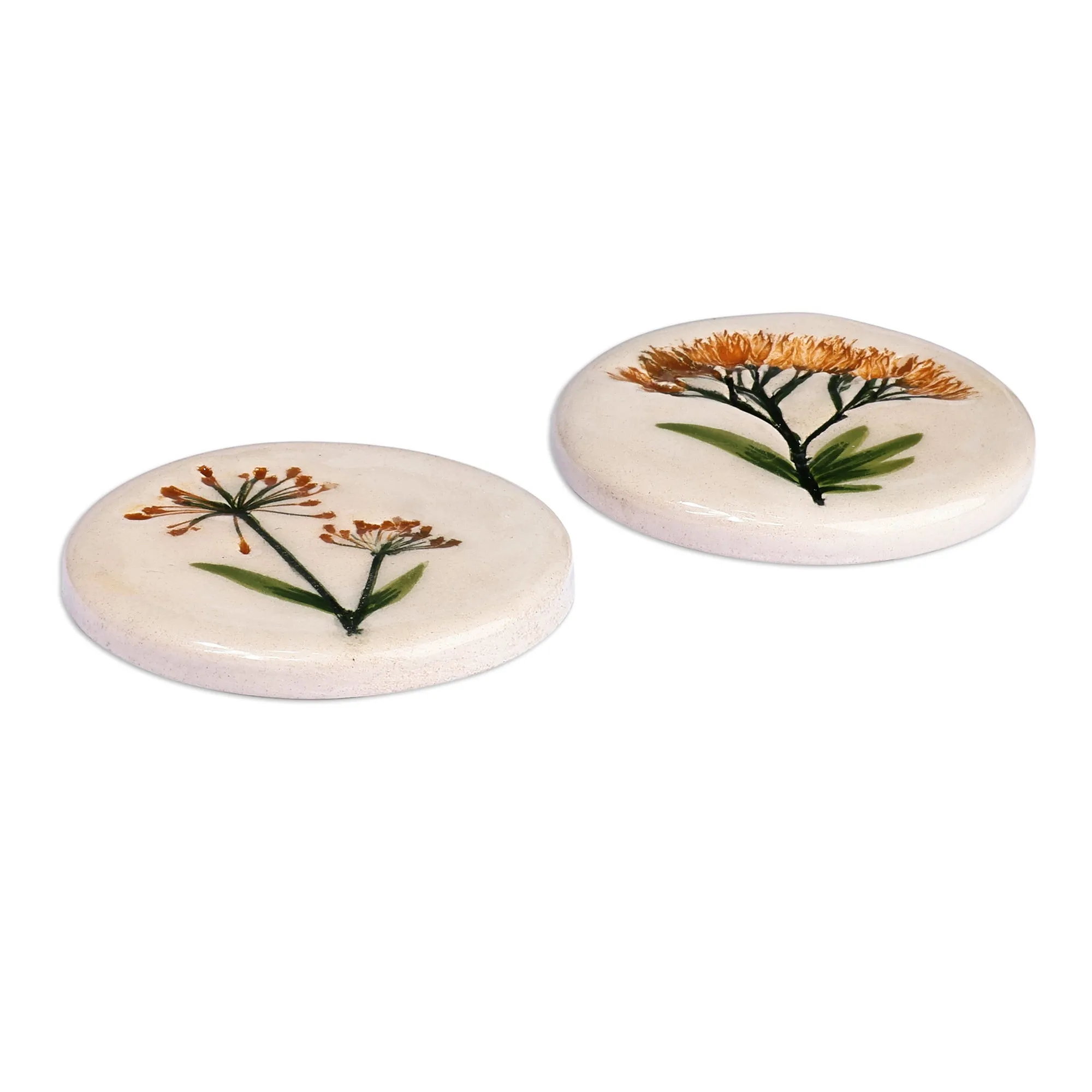 Two Hand-Painted Ceramic Magnets with Yellow Flower Motifs - Yellow Blooms | NOVICA