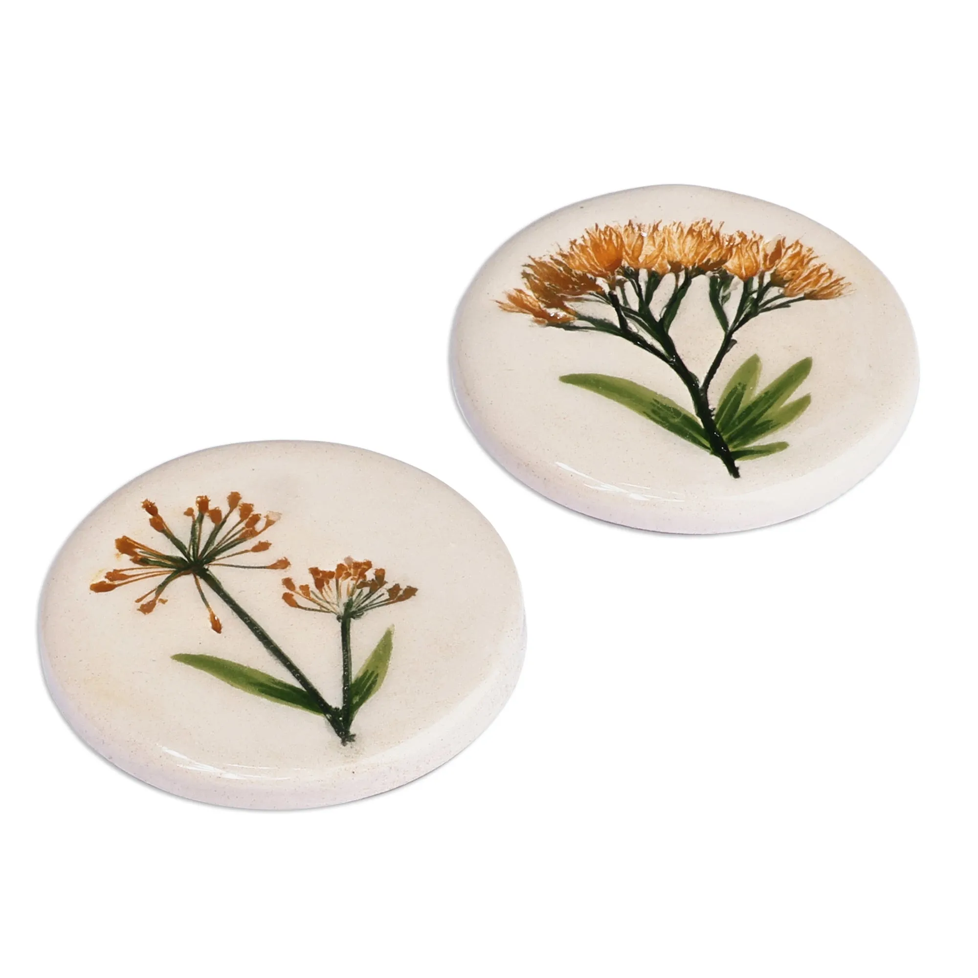 Two Hand-Painted Ceramic Magnets with Yellow Flower Motifs - Yellow Blooms | NOVICA