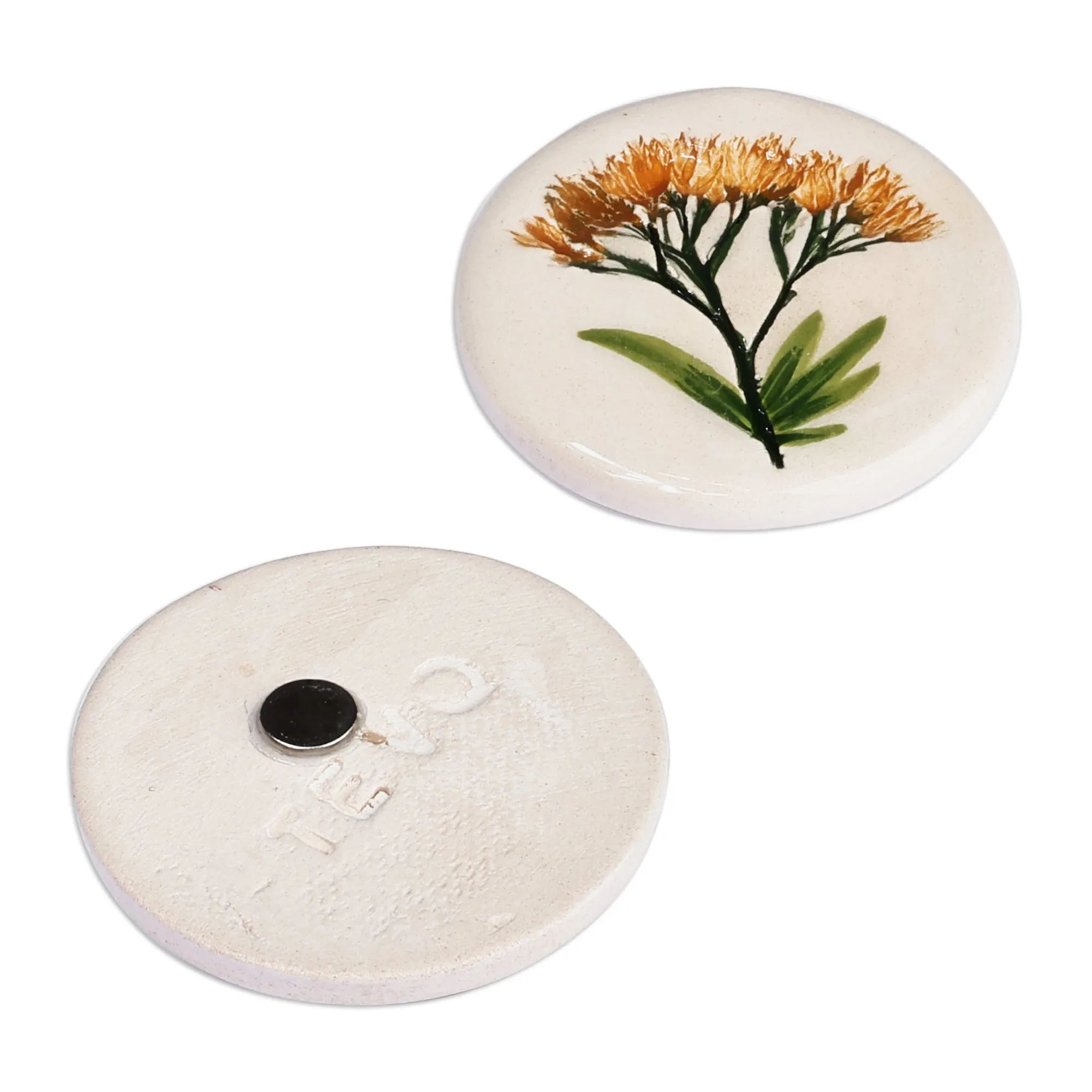 Two Hand-Painted Ceramic Magnets with Yellow Flower Motifs - Yellow Blooms | NOVICA