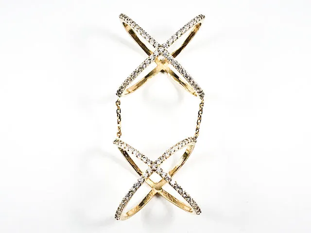 Unique Double Top & Bottom X Shape & Form CZ Gold Tone Silver Ring