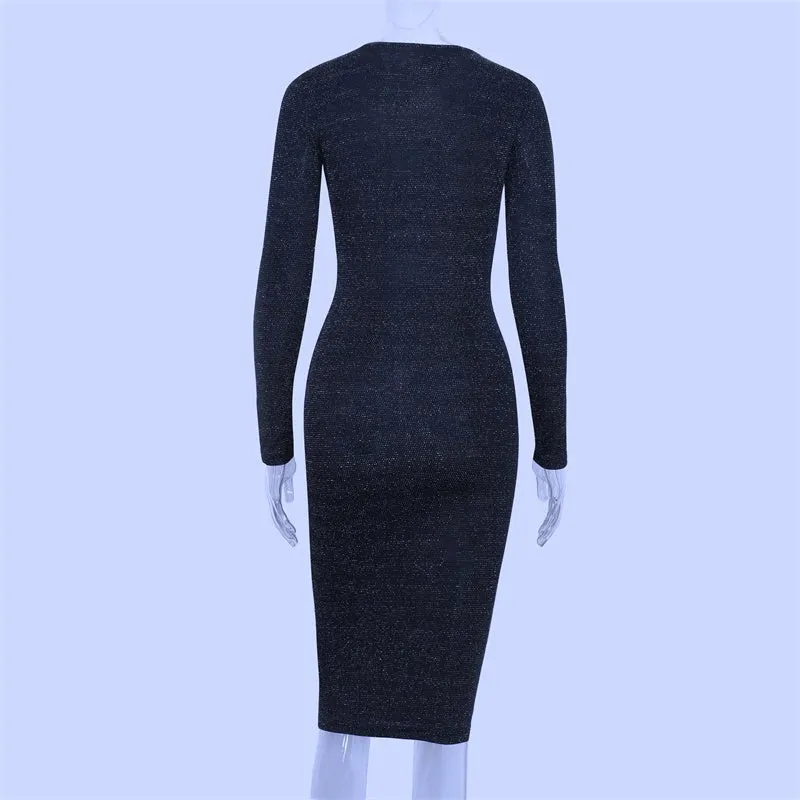 VenusFox Sexy elegant bodycon glitter sparkle bling long sleeve party dress
