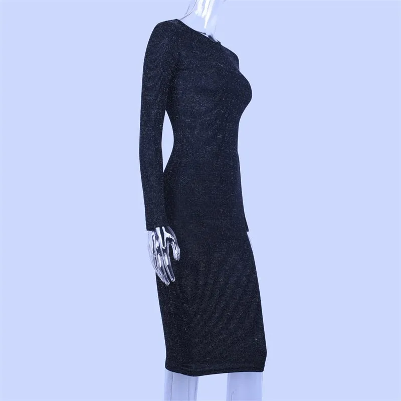 VenusFox Sexy elegant bodycon glitter sparkle bling long sleeve party dress