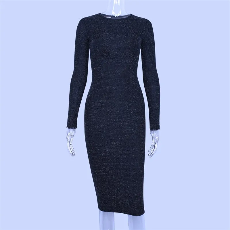 VenusFox Sexy elegant bodycon glitter sparkle bling long sleeve party dress