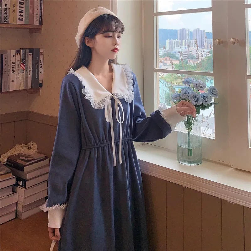 VenusFox Vintage Dress Women Sweet Lace Peter Pan Collar French Elegant Long Sleeve Lace-Up Fairy One Piece Dress Korean 2021 Spring Chic