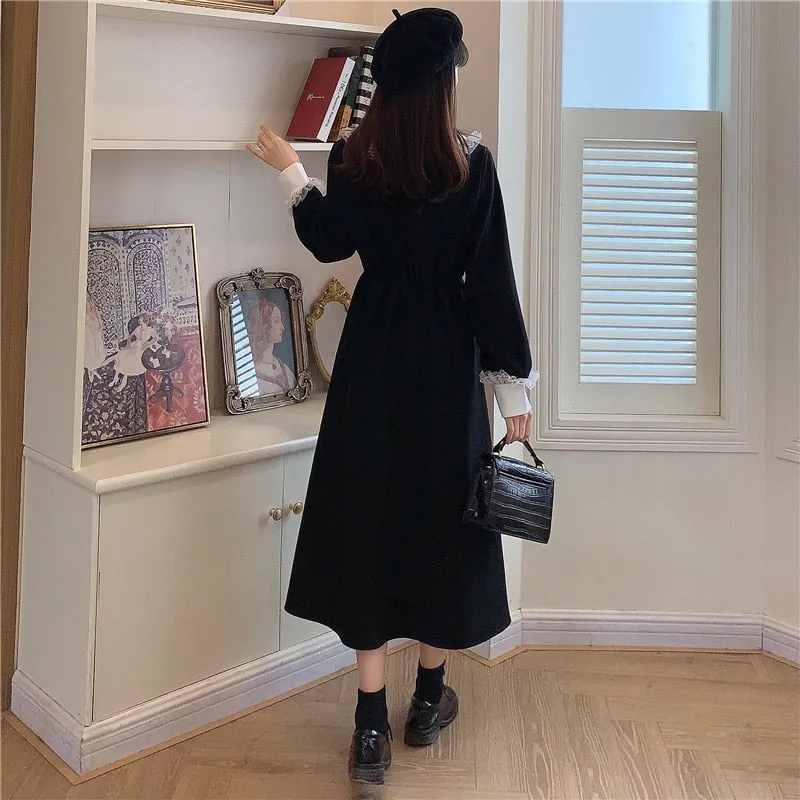 VenusFox Vintage Dress Women Sweet Lace Peter Pan Collar French Elegant Long Sleeve Lace-Up Fairy One Piece Dress Korean 2021 Spring Chic