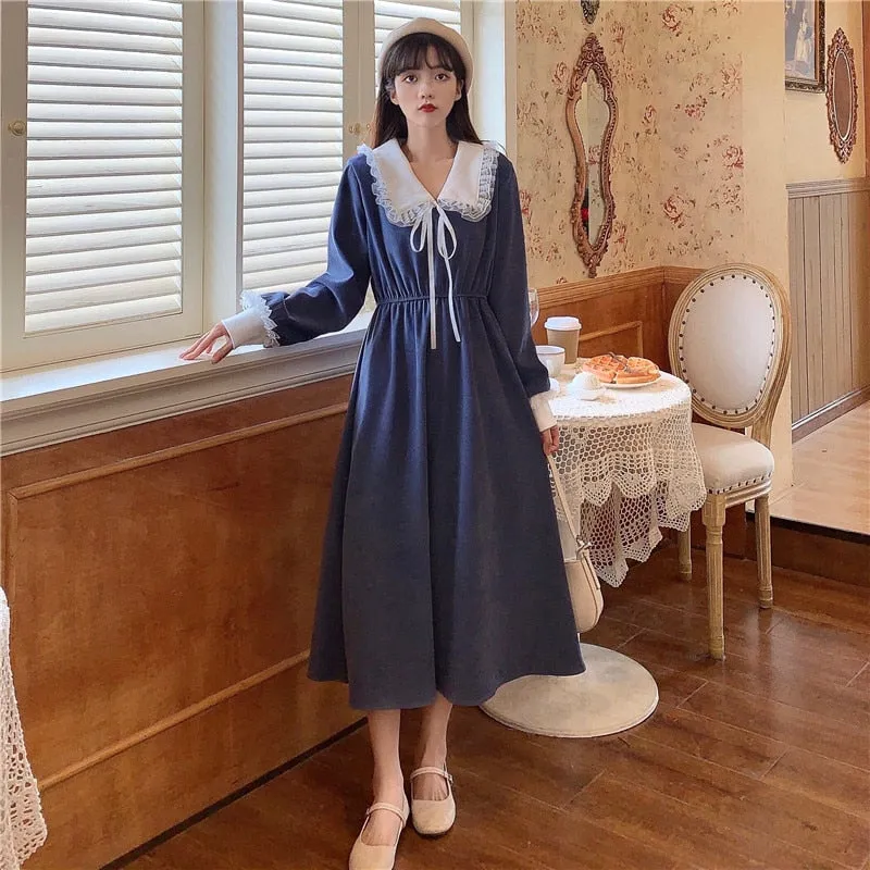 VenusFox Vintage Dress Women Sweet Lace Peter Pan Collar French Elegant Long Sleeve Lace-Up Fairy One Piece Dress Korean 2021 Spring Chic