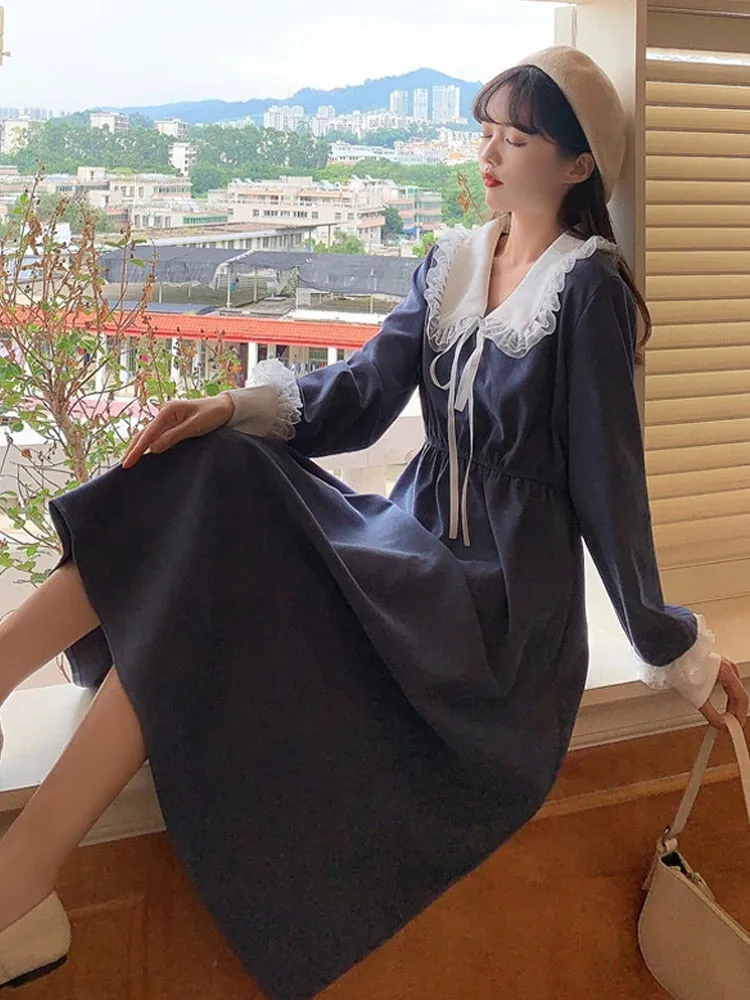 VenusFox Vintage Dress Women Sweet Lace Peter Pan Collar French Elegant Long Sleeve Lace-Up Fairy One Piece Dress Korean 2021 Spring Chic